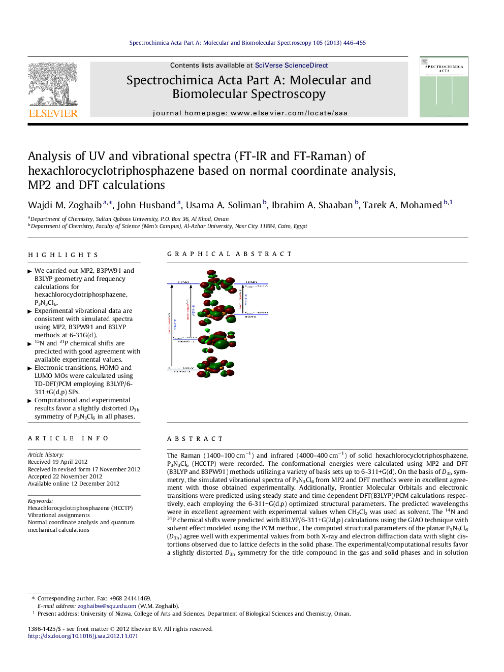 Analysis of UV and vibrational spectra (FT-IR and FT-Raman) of hexachlorocyclotriphosphazene based on normal coordinate analysis, MP2 and DFT calculations