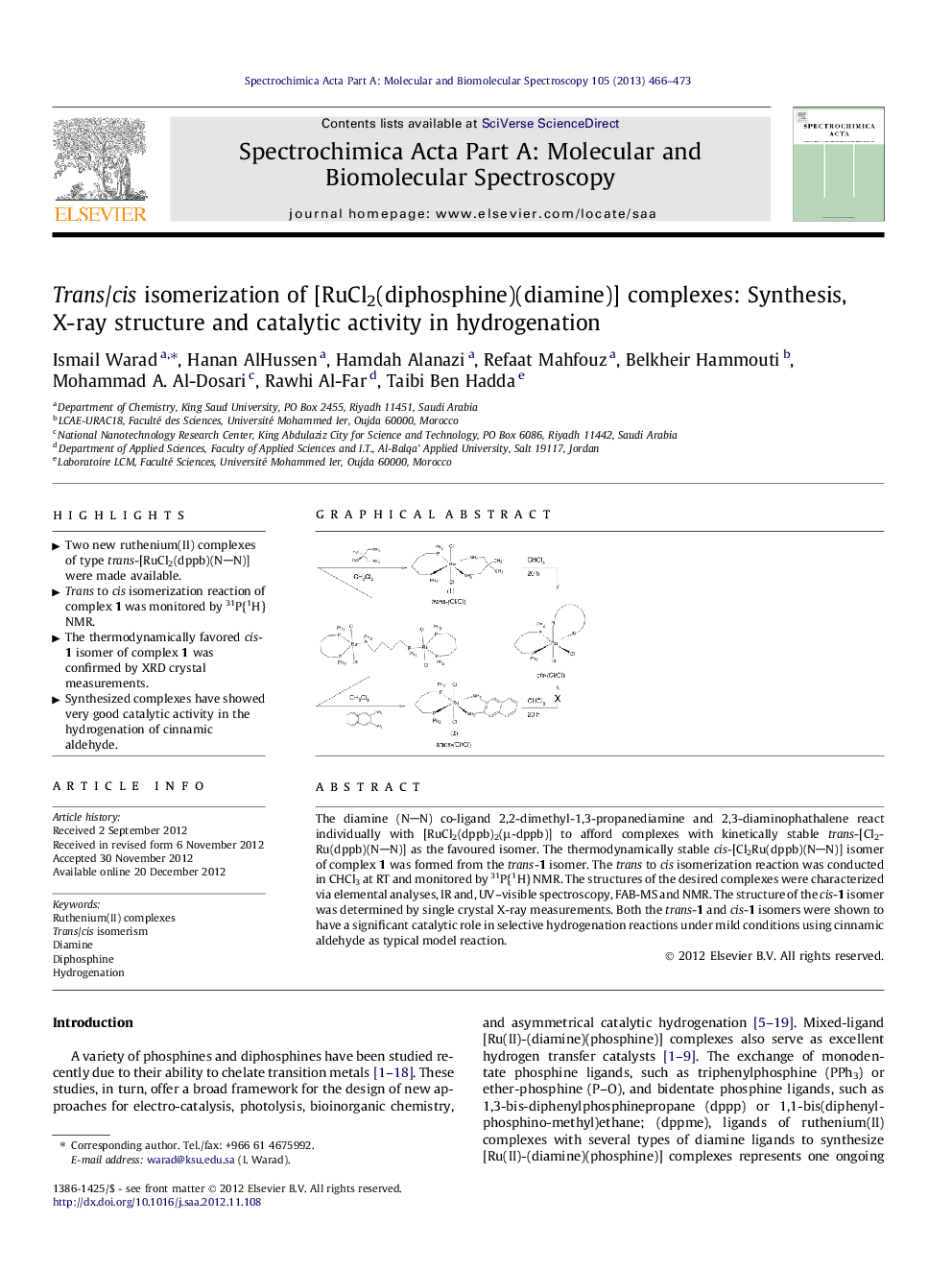 Trans/cis isomerization of [RuCl2(diphosphine)(diamine)] complexes: Synthesis, X-ray structure and catalytic activity in hydrogenation