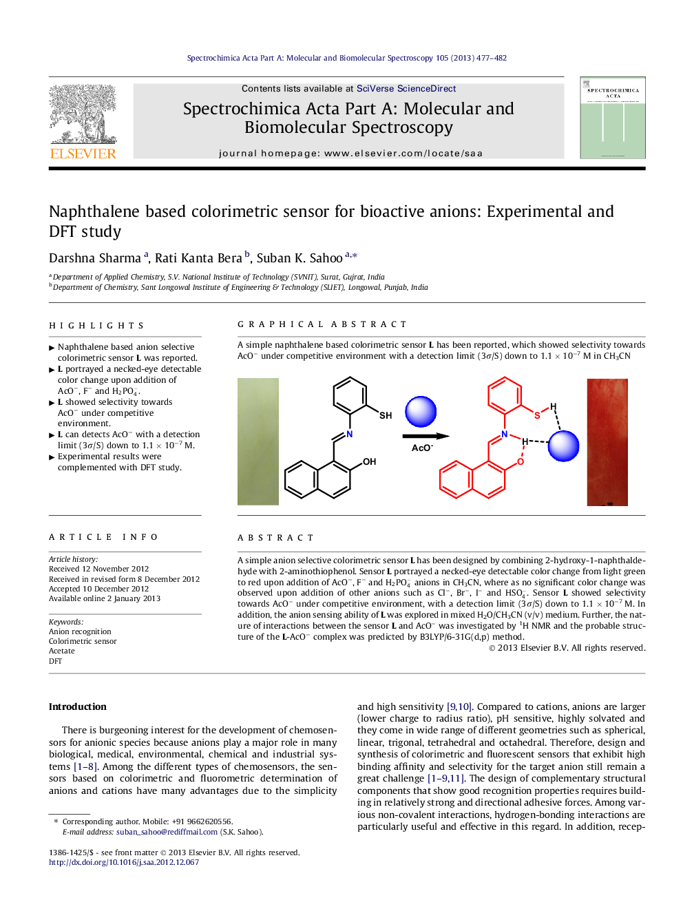 Naphthalene based colorimetric sensor for bioactive anions: Experimental and DFT study