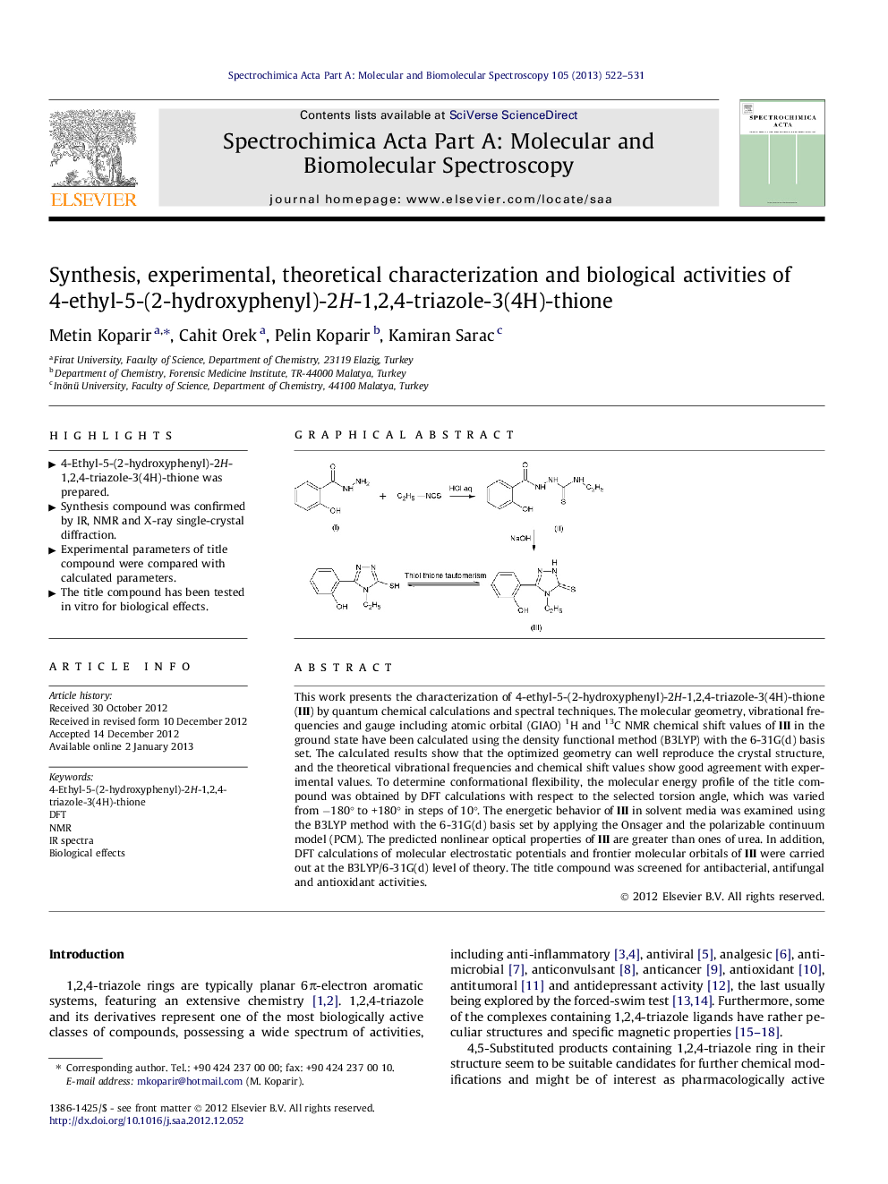 Synthesis, experimental, theoretical characterization and biological activities of 4-ethyl-5-(2-hydroxyphenyl)-2H-1,2,4-triazole-3(4H)-thione