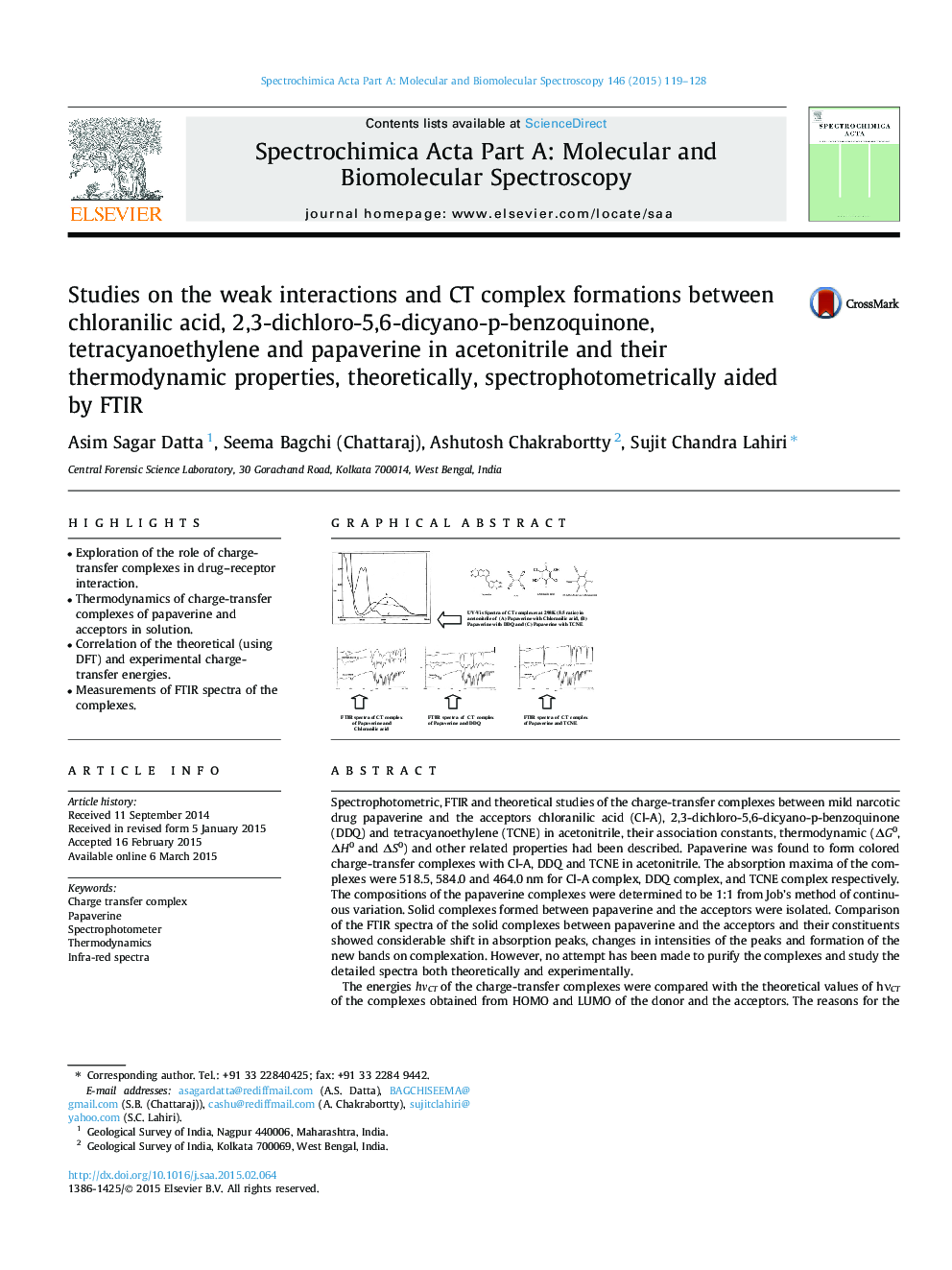 Studies on the weak interactions and CT complex formations between chloranilic acid, 2,3-dichloro-5,6-dicyano-p-benzoquinone, tetracyanoethylene and papaverine in acetonitrile and their thermodynamic properties, theoretically, spectrophotometrically aided