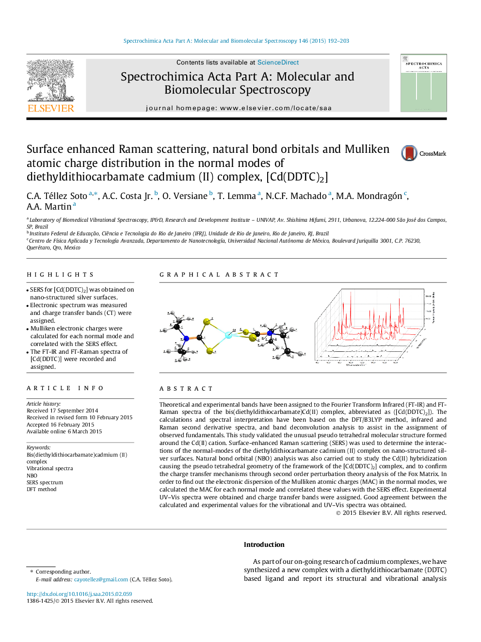 Surface enhanced Raman scattering, natural bond orbitals and Mulliken atomic charge distribution in the normal modes of diethyldithiocarbamate cadmium (II) complex, [Cd(DDTC)2]