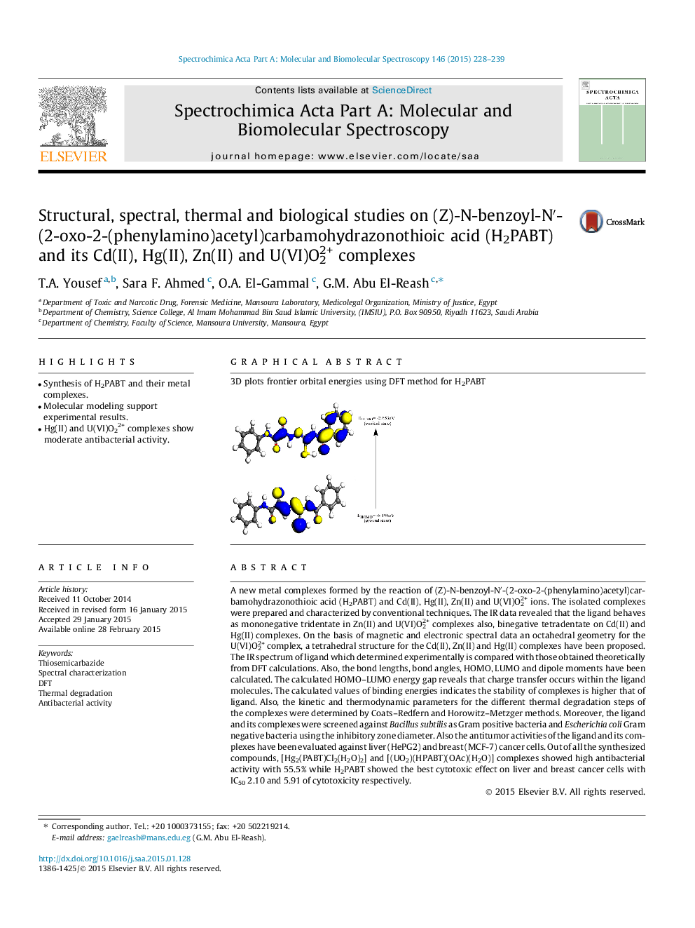 Structural, spectral, thermal and biological studies on (Z)-N-benzoyl-N′-(2-oxo-2-(phenylamino)acetyl)carbamohydrazonothioic acid (H2PABT) and its Cd(II), Hg(II), Zn(II) and U(VI)O22+ complexes