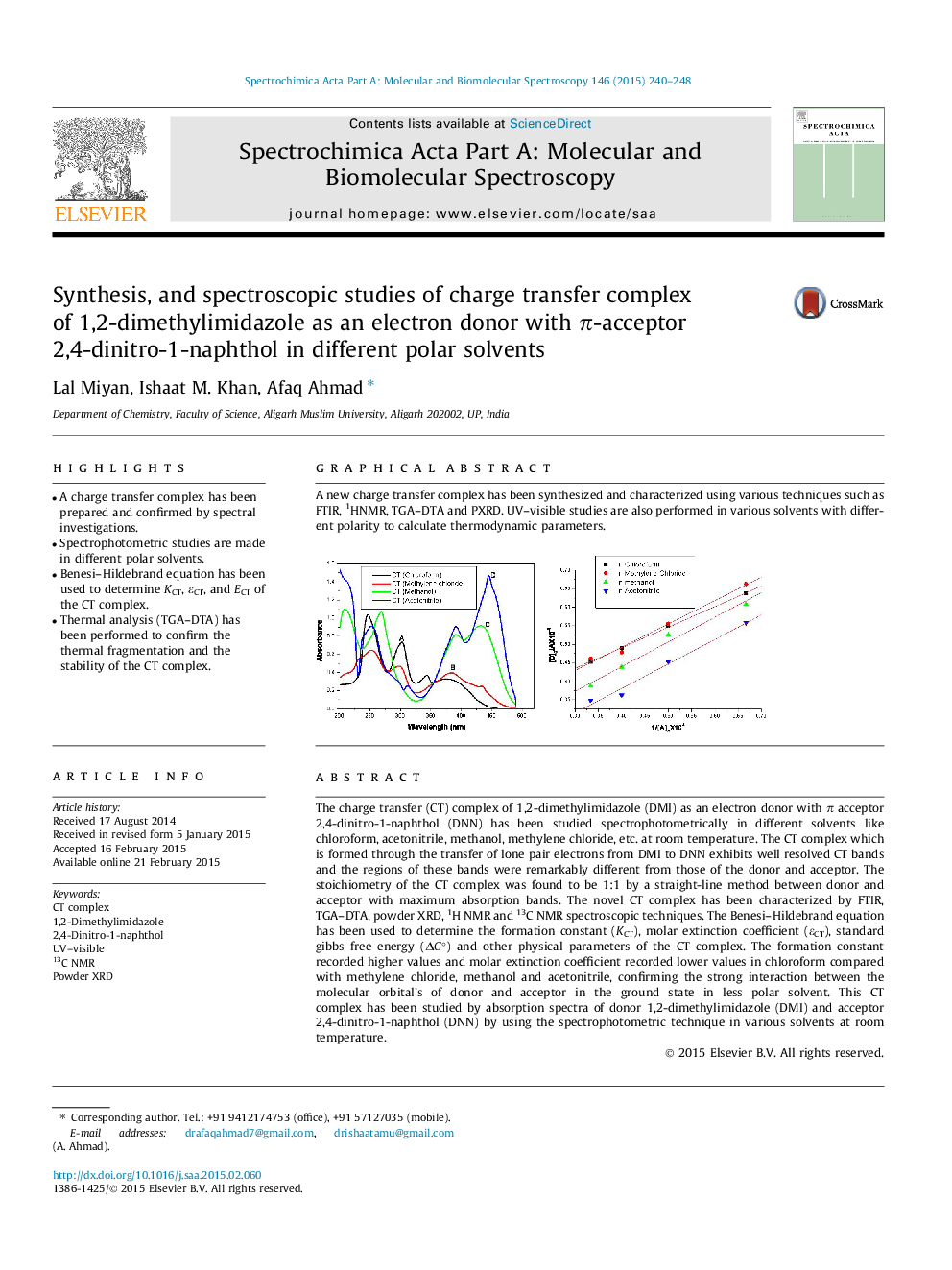 Synthesis, and spectroscopic studies of charge transfer complex of 1,2-dimethylimidazole as an electron donor with π-acceptor 2,4-dinitro-1-naphthol in different polar solvents