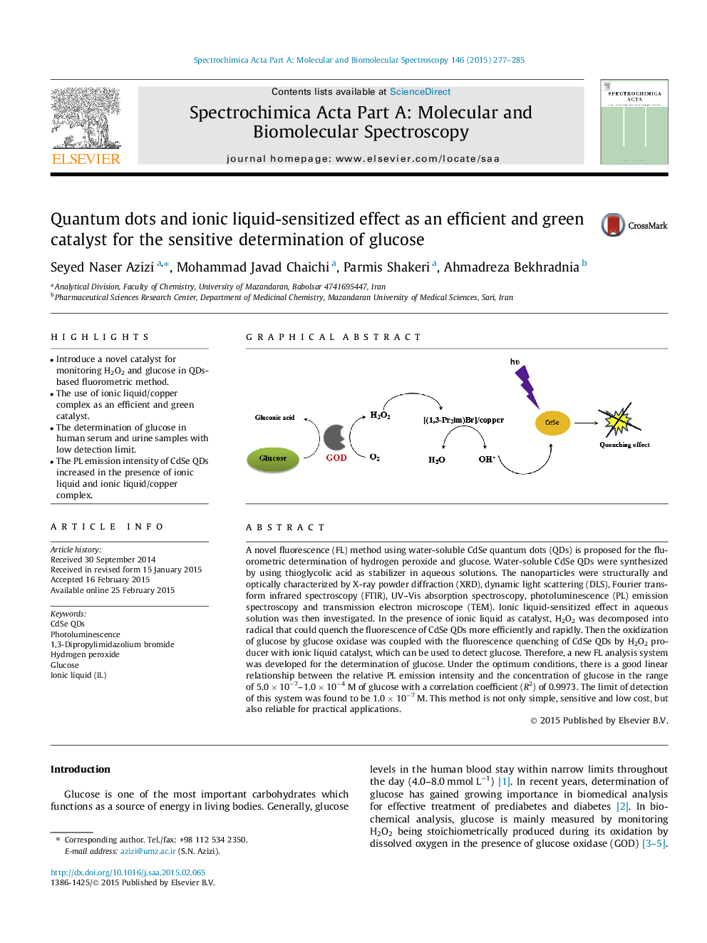 نقطه کوانتومی و تاثیر مایع حساس به یون به عنوان یک کاتالیزور کارآمد و سبز برای تعیین حساس گلوکز 