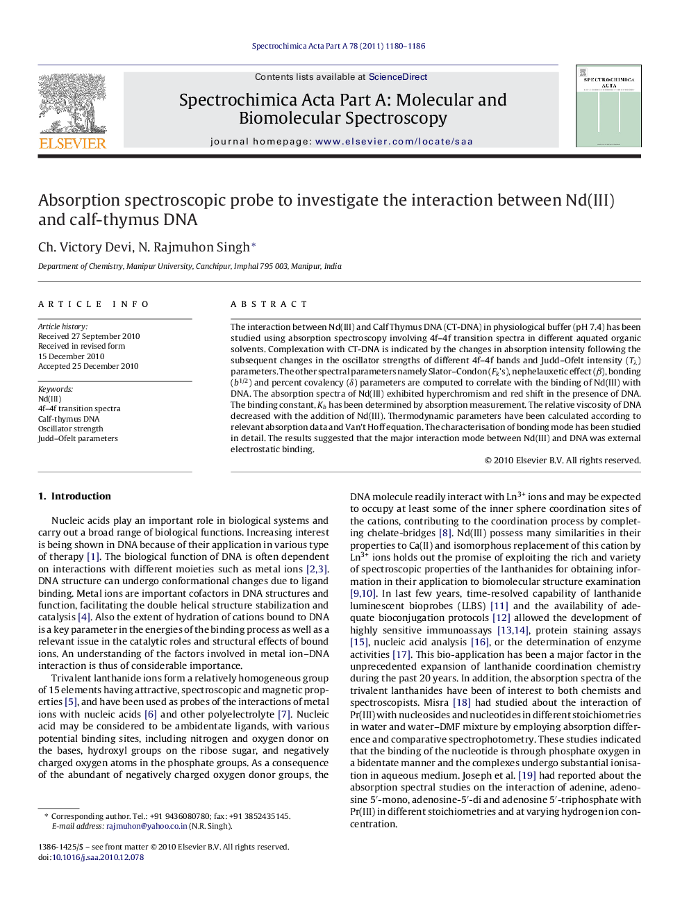 Absorption spectroscopic probe to investigate the interaction between Nd(III) and calf-thymus DNA