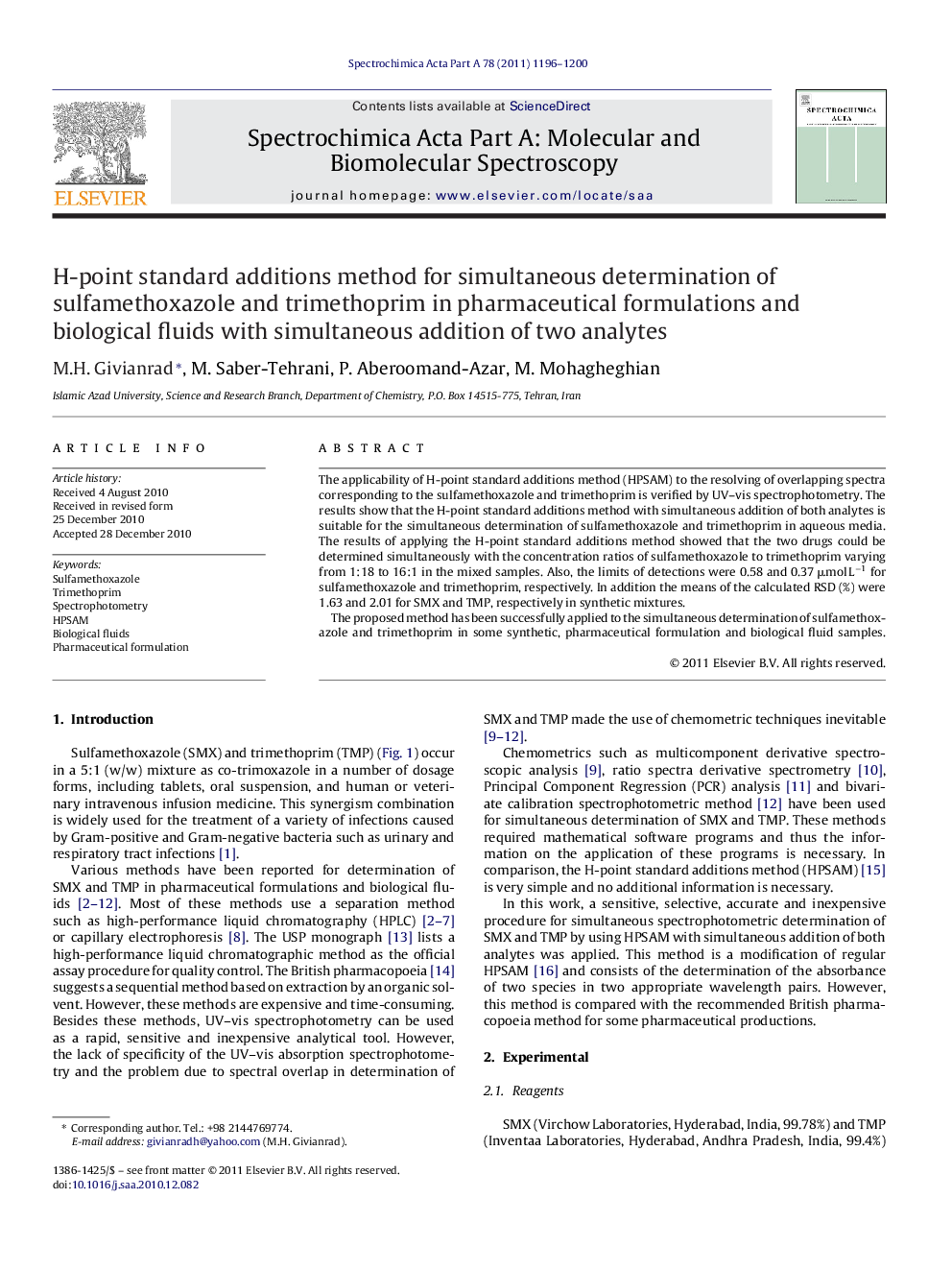 H-point standard additions method for simultaneous determination of sulfamethoxazole and trimethoprim in pharmaceutical formulations and biological fluids with simultaneous addition of two analytes