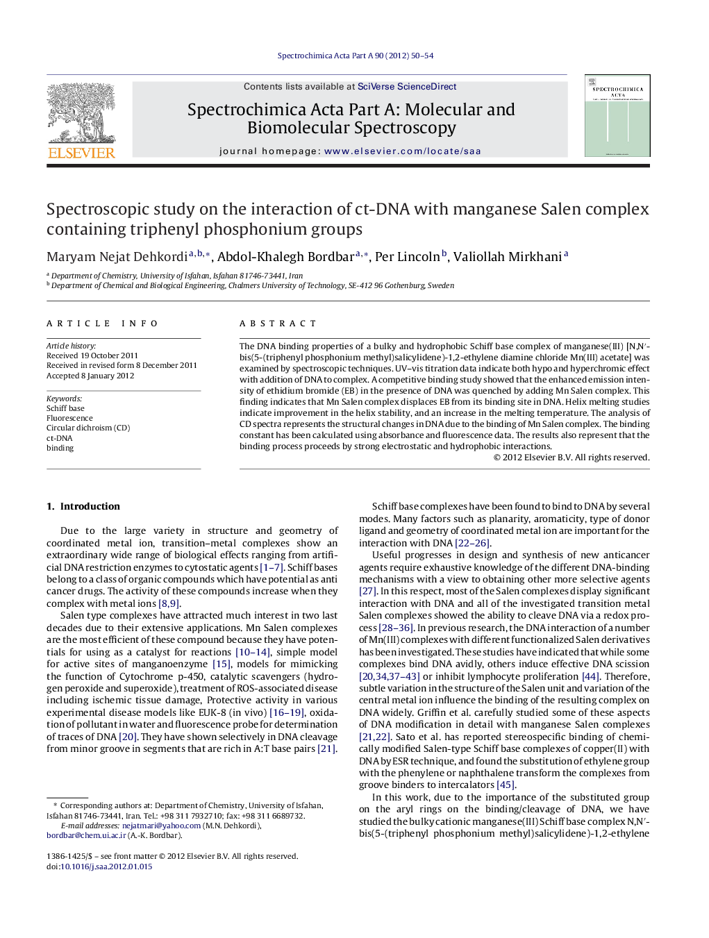 Spectroscopic study on the interaction of ct-DNA with manganese Salen complex containing triphenyl phosphonium groups