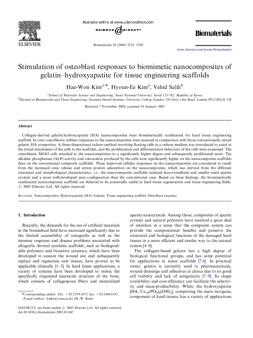 Stimulation of osteoblast responses to biomimetic nanocomposites of gelatin–hydroxyapatite for tissue engineering scaffolds