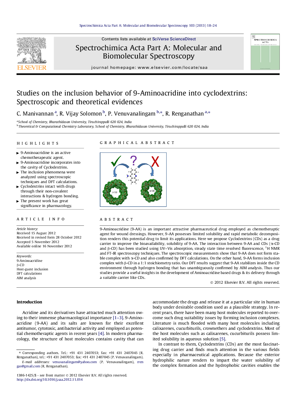 Studies on the inclusion behavior of 9-Aminoacridine into cyclodextrins: Spectroscopic and theoretical evidences