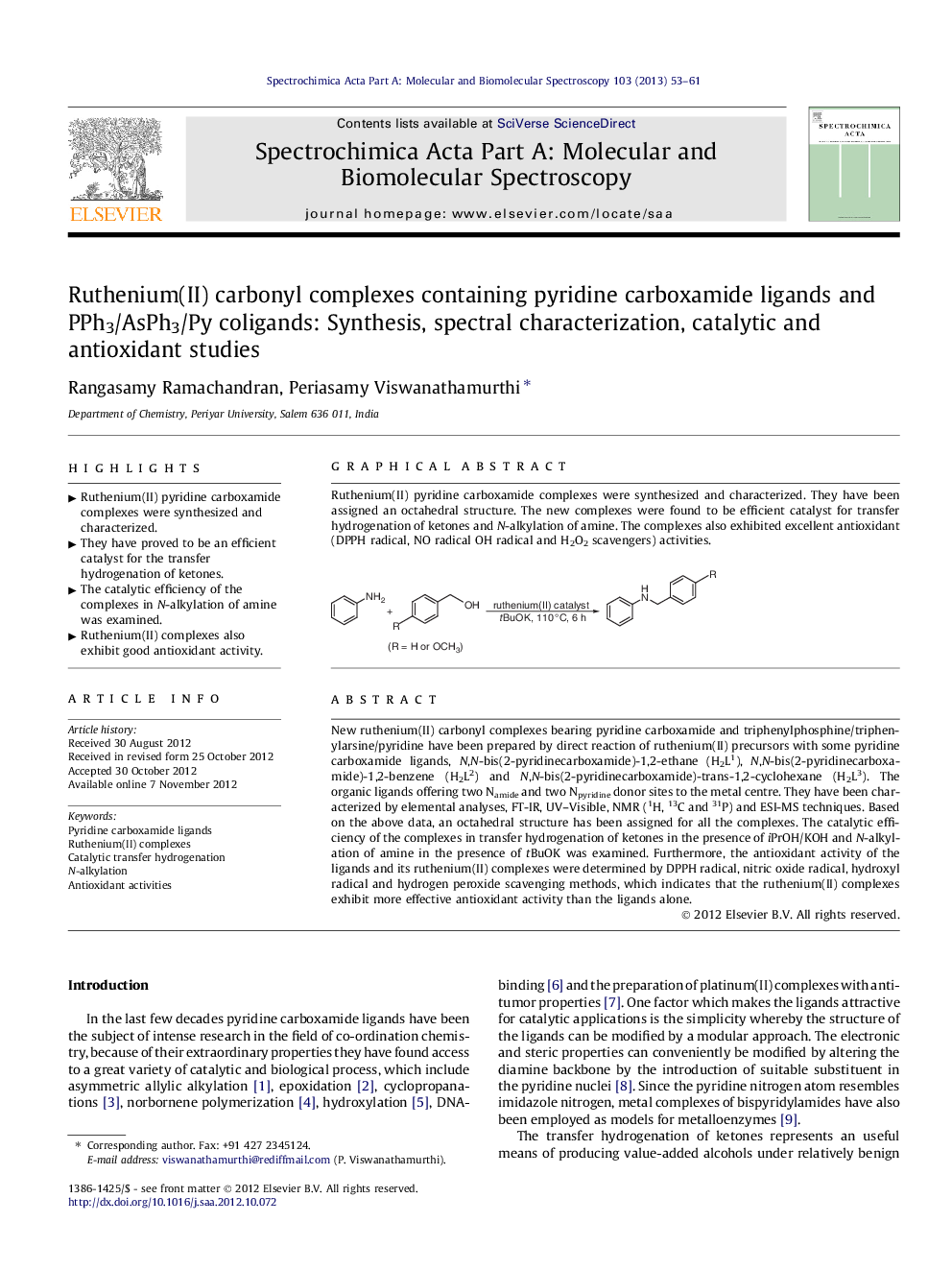 Ruthenium(II) carbonyl complexes containing pyridine carboxamide ligands and PPh3/AsPh3/Py coligands: Synthesis, spectral characterization, catalytic and antioxidant studies