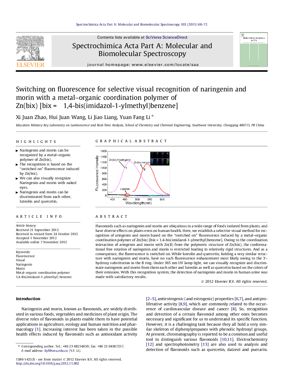 Switching on fluorescence for selective visual recognition of naringenin and morin with a metal–organic coordination polymer of Zn(bix) [bix = 1,4-bis(imidazol-1-ylmethyl)benzene]