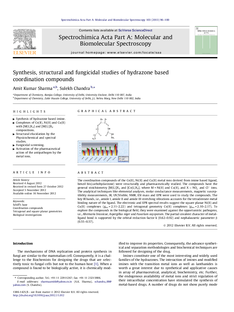 Synthesis, structural and fungicidal studies of hydrazone based coordination compounds