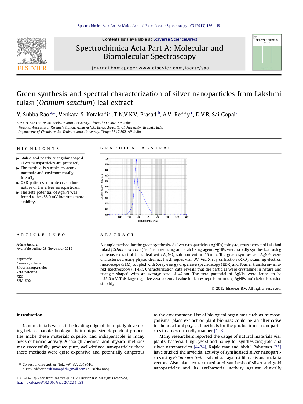 Green synthesis and spectral characterization of silver nanoparticles from Lakshmi tulasi (Ocimum sanctum) leaf extract