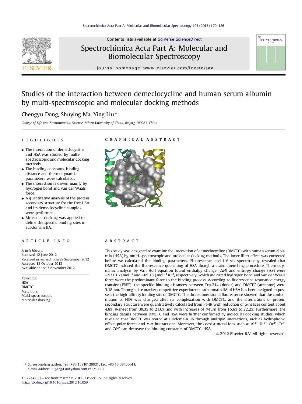 Studies of the interaction between demeclocycline and human serum albumin by multi-spectroscopic and molecular docking methods