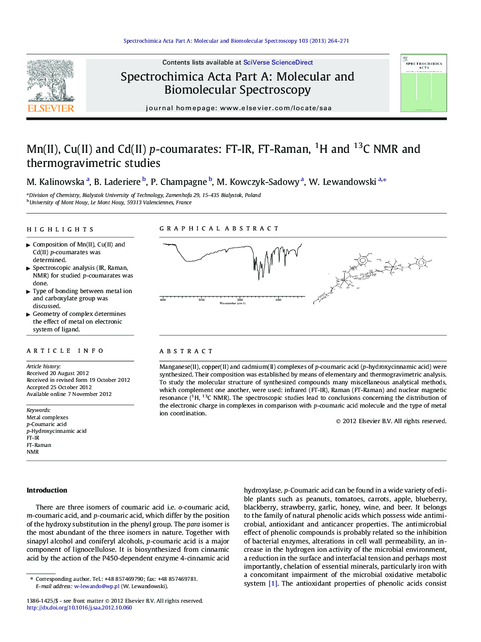 Mn(II), Cu(II) and Cd(II) p-coumarates: FT-IR, FT-Raman, 1H and 13C NMR and thermogravimetric studies