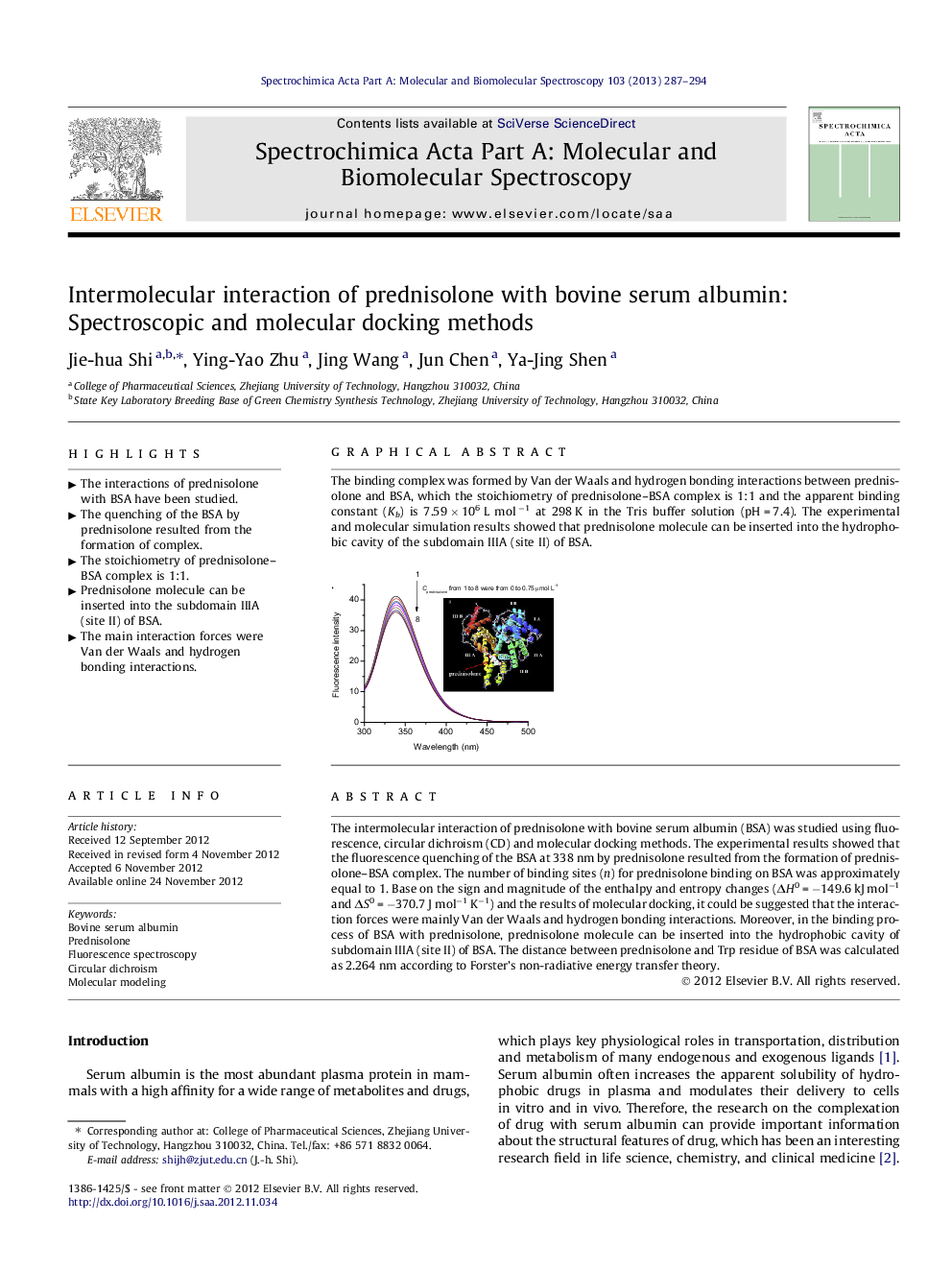 Intermolecular interaction of prednisolone with bovine serum albumin: Spectroscopic and molecular docking methods