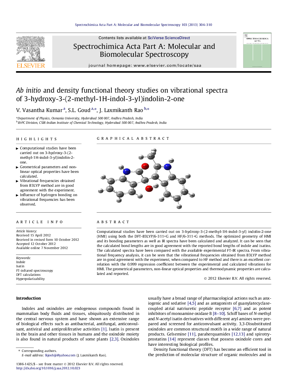 Ab initio and density functional theory studies on vibrational spectra of 3-hydroxy-3-(2-methyl-1H-indol-3-yl)indolin-2-one