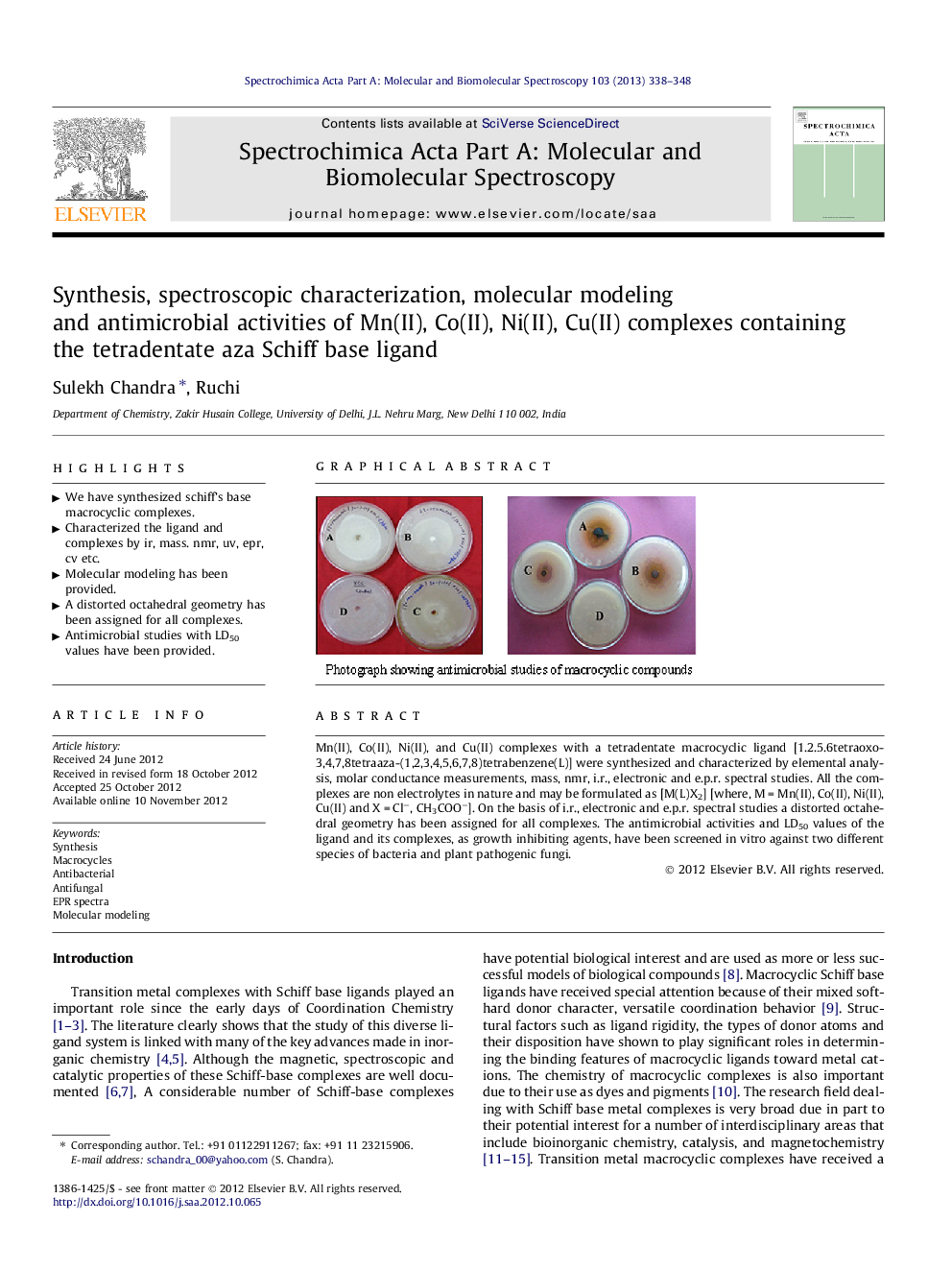 Synthesis, spectroscopic characterization, molecular modeling and antimicrobial activities of Mn(II), Co(II), Ni(II), Cu(II) complexes containing the tetradentate aza Schiff base ligand