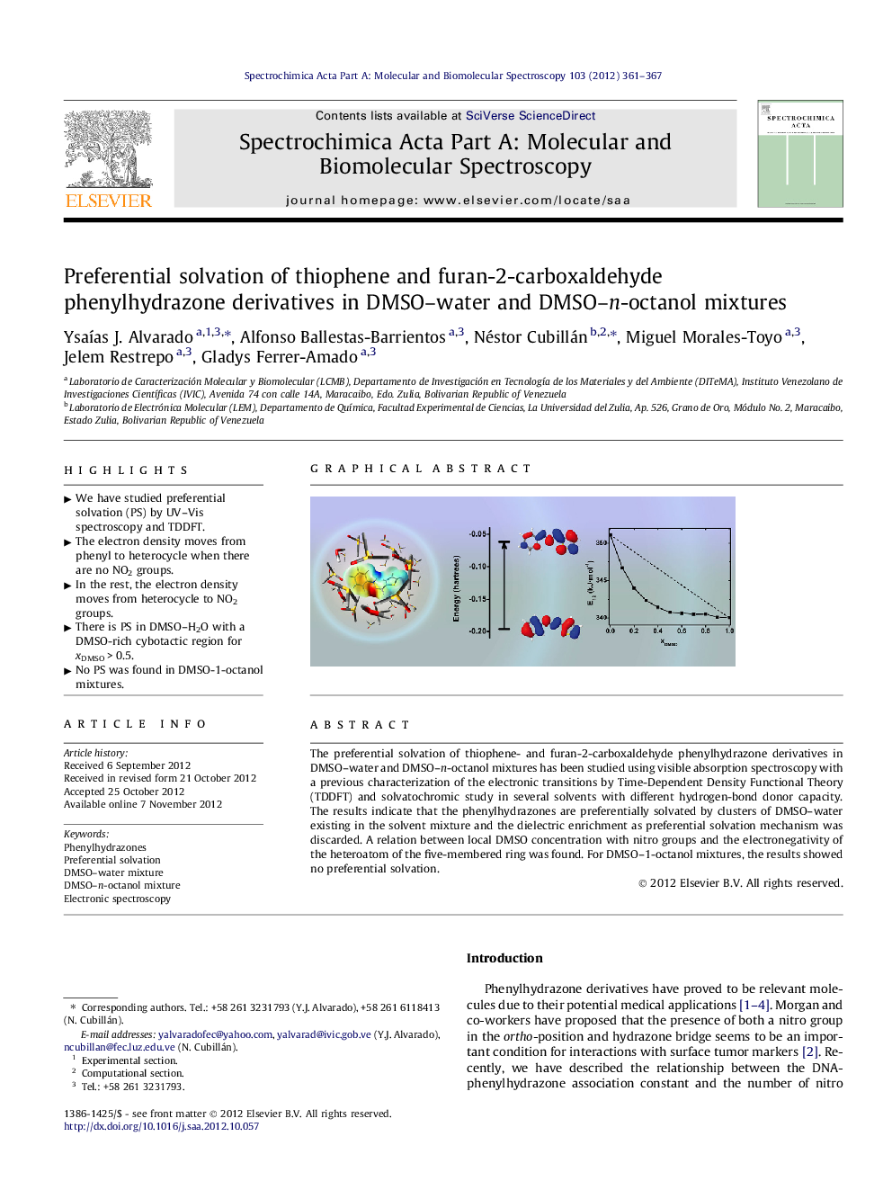 Preferential solvation of thiophene and furan-2-carboxaldehyde phenylhydrazone derivatives in DMSO–water and DMSO–n-octanol mixtures