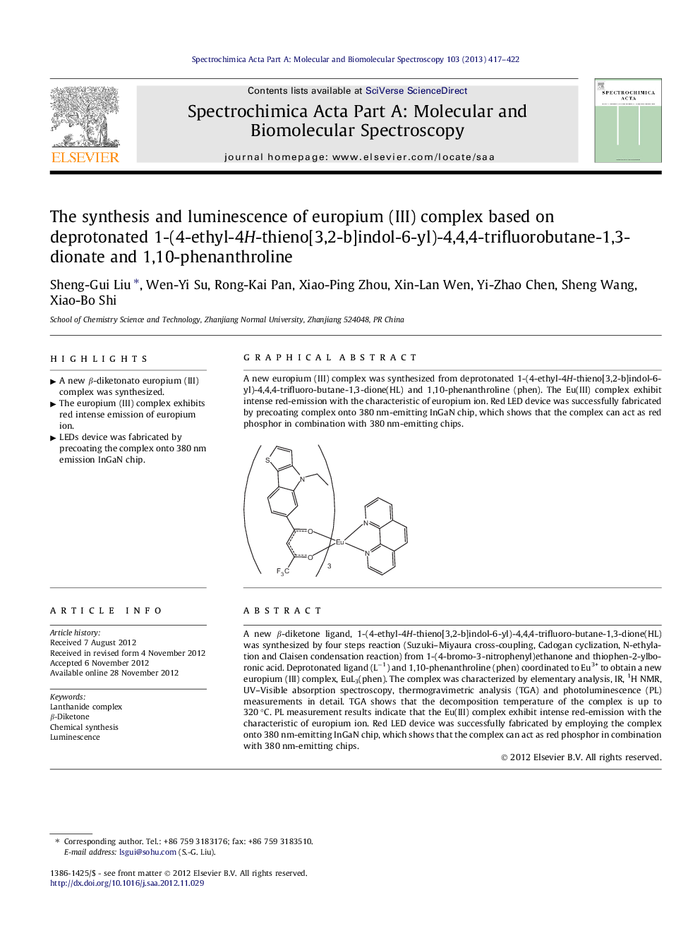 The synthesis and luminescence of europium (III) complex based on deprotonated 1-(4-ethyl-4H-thieno[3,2-b]indol-6-yl)-4,4,4-trifluorobutane-1,3-dionate and 1,10-phenanthroline