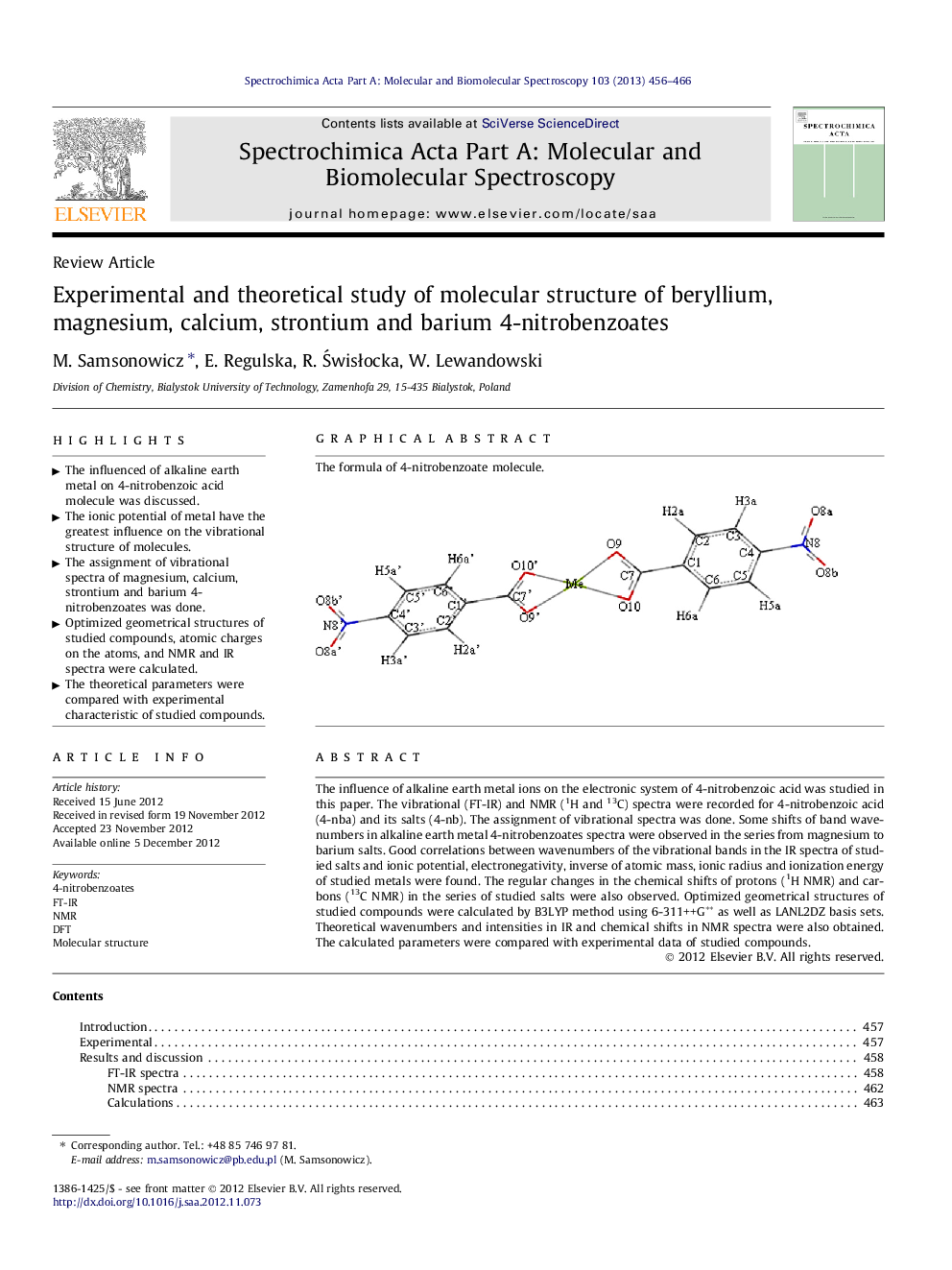 Experimental and theoretical study of molecular structure of beryllium, magnesium, calcium, strontium and barium 4-nitrobenzoates