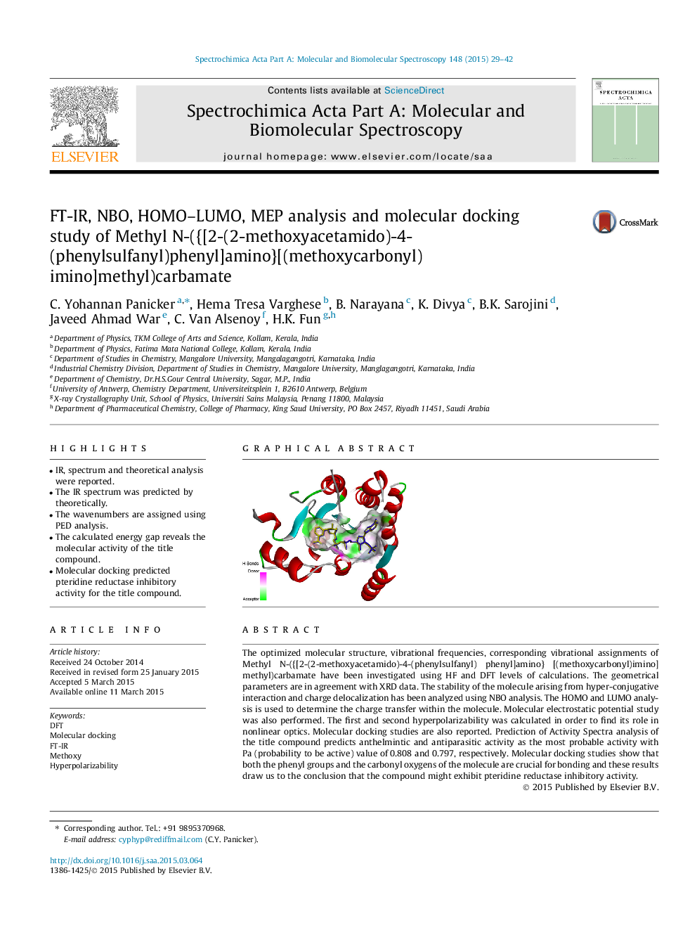 FT-IR, NBO, HOMO–LUMO, MEP analysis and molecular docking study of Methyl N-({[2-(2-methoxyacetamido)-4-(phenylsulfanyl)phenyl]amino}[(methoxycarbonyl) imino]methyl)carbamate