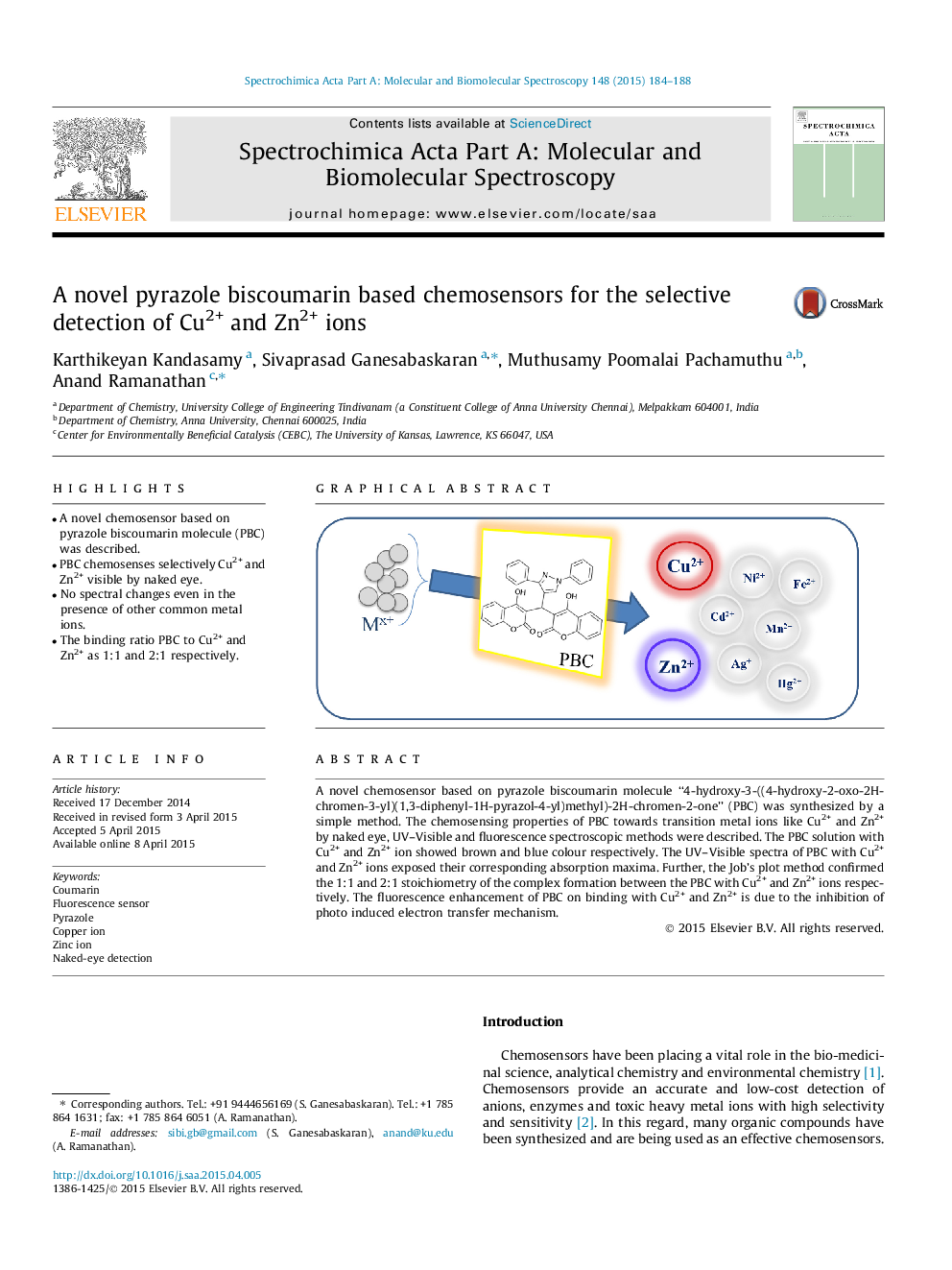 A novel pyrazole biscoumarin based chemosensors for the selective detection of Cu2+ and Zn2+ ions