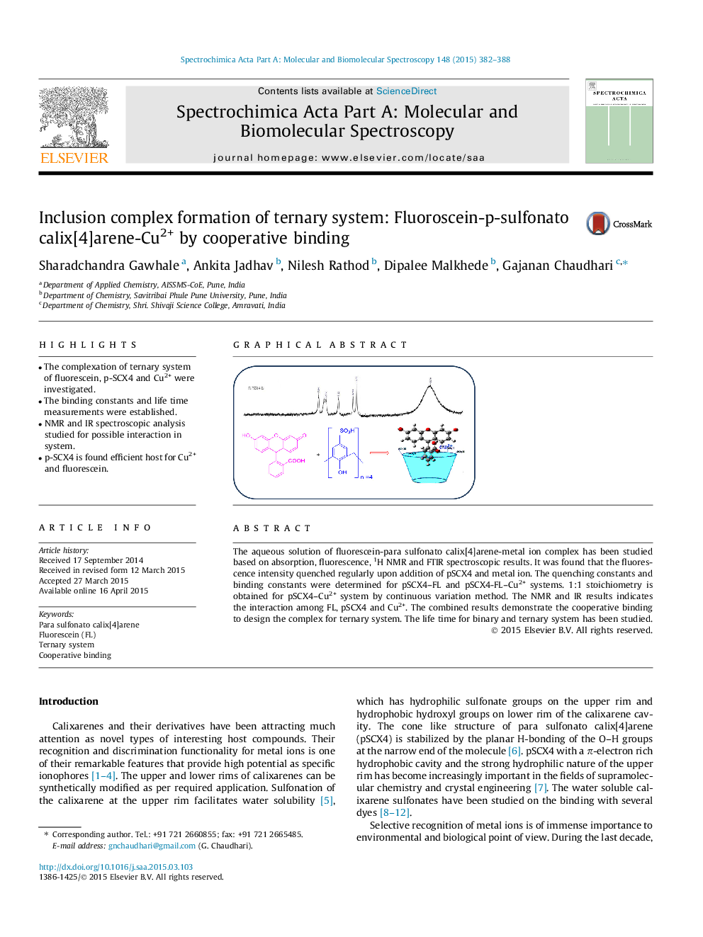 Inclusion complex formation of ternary system: Fluoroscein-p-sulfonato calix[4]arene-Cu2+ by cooperative binding