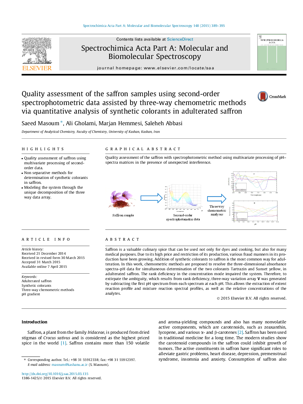 Quality assessment of the saffron samples using second-order spectrophotometric data assisted by three-way chemometric methods via quantitative analysis of synthetic colorants in adulterated saffron