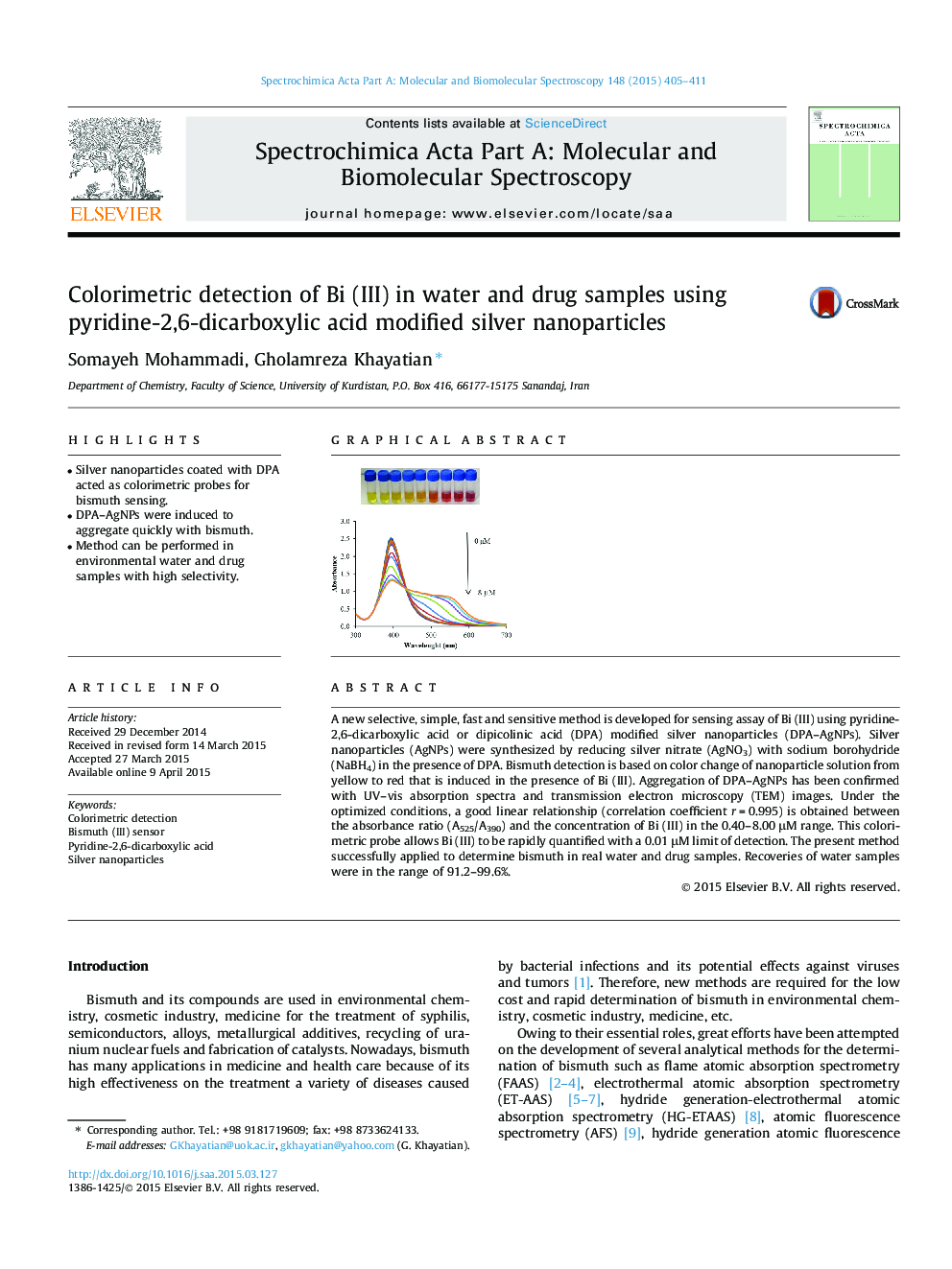 Colorimetric detection of Bi (III) in water and drug samples using pyridine-2,6-dicarboxylic acid modified silver nanoparticles