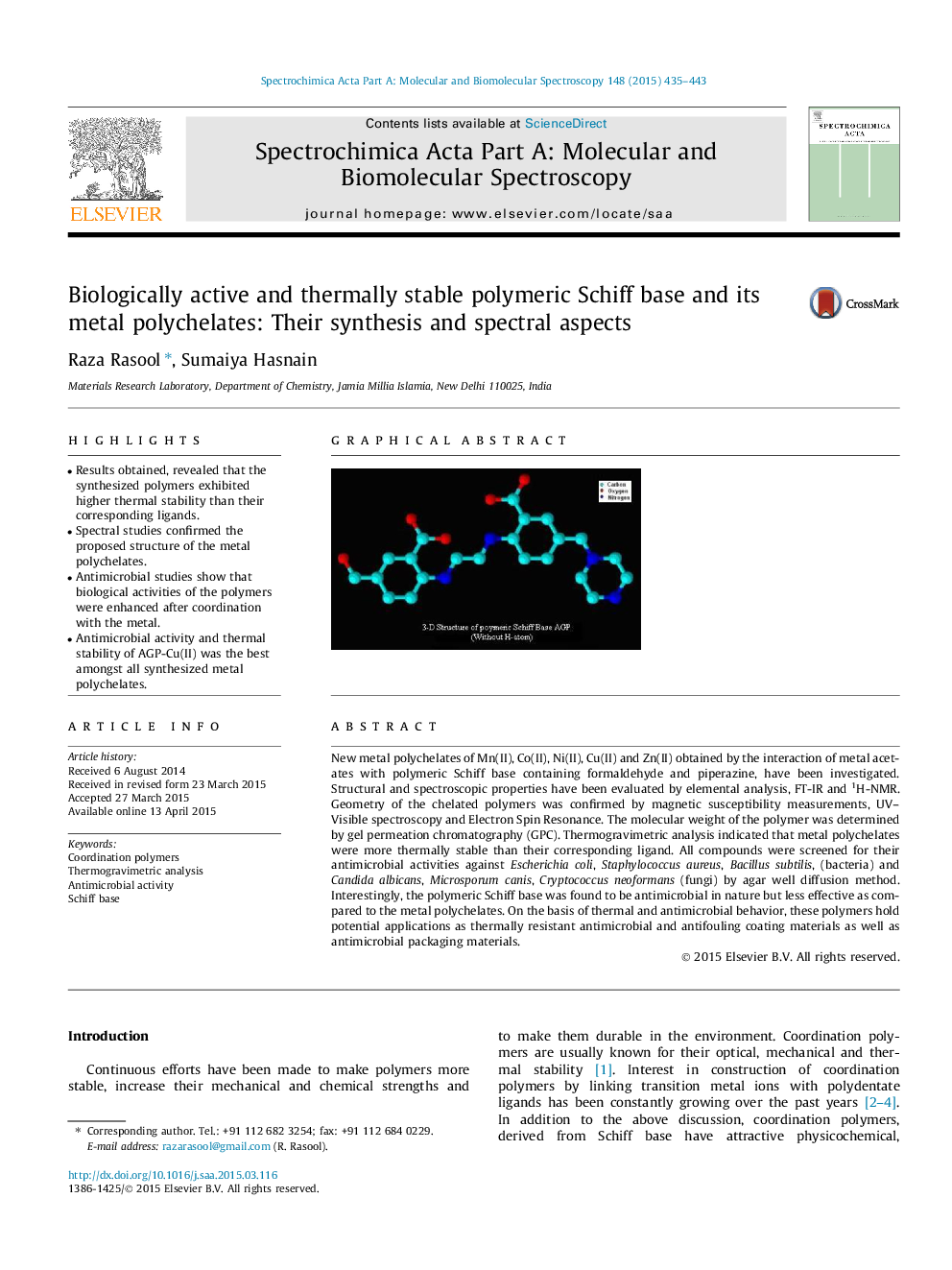 Biologically active and thermally stable polymeric Schiff base and its metal polychelates: Their synthesis and spectral aspects