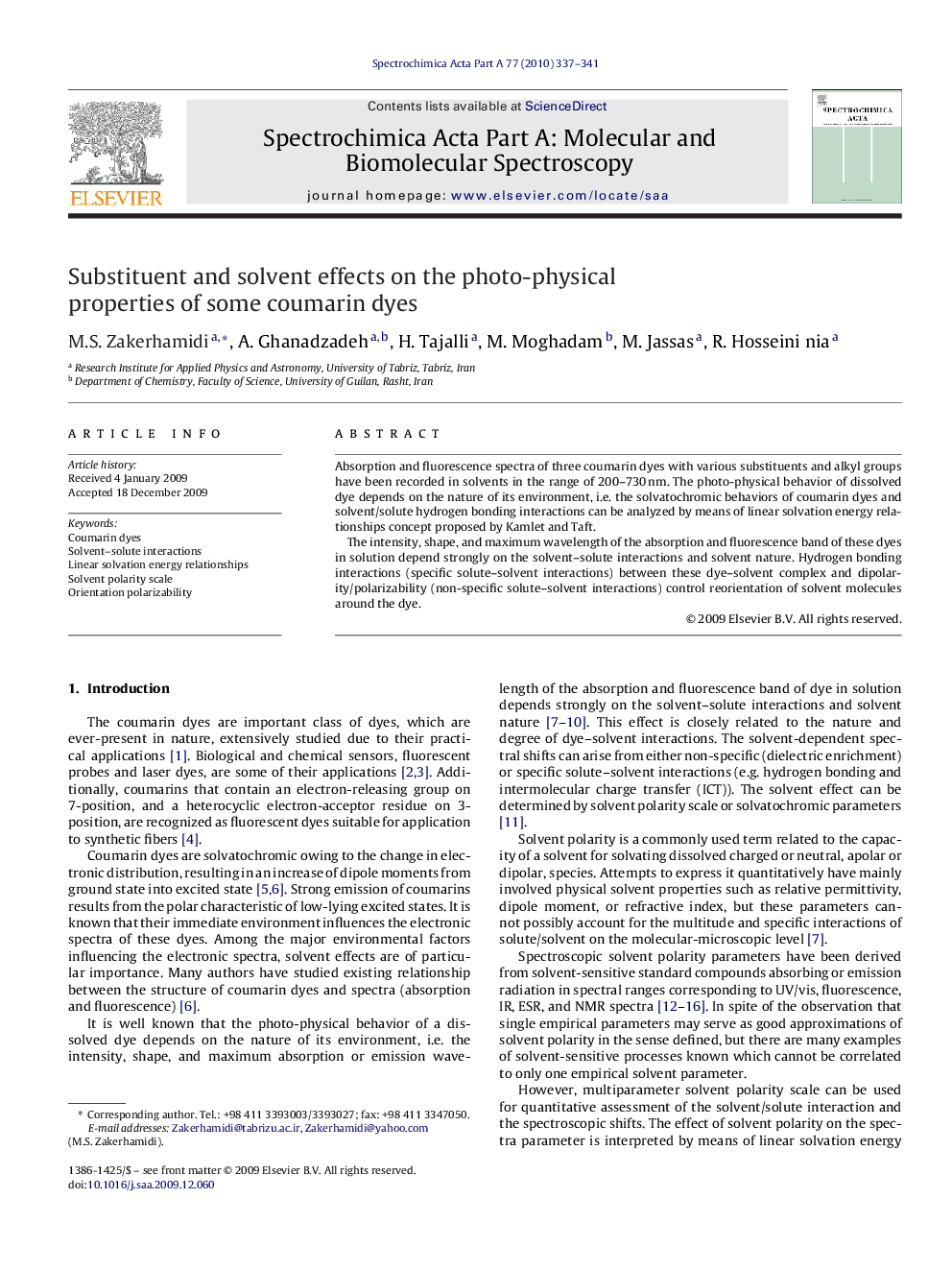 Substituent and solvent effects on the photo-physical properties of some coumarin dyes