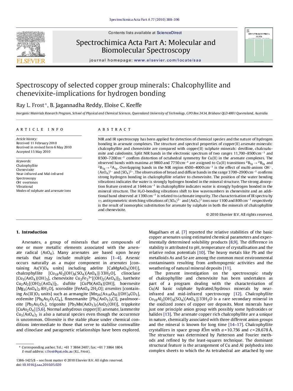 Spectroscopy of selected copper group minerals: Chalcophyllite and chenevixite-implications for hydrogen bonding