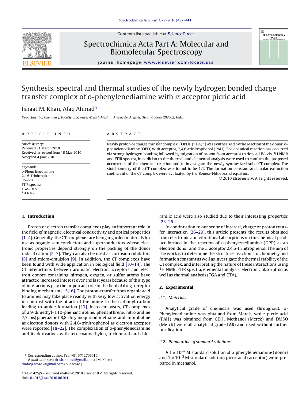 Synthesis, spectral and thermal studies of the newly hydrogen bonded charge transfer complex of o-phenylenediamine with π acceptor picric acid