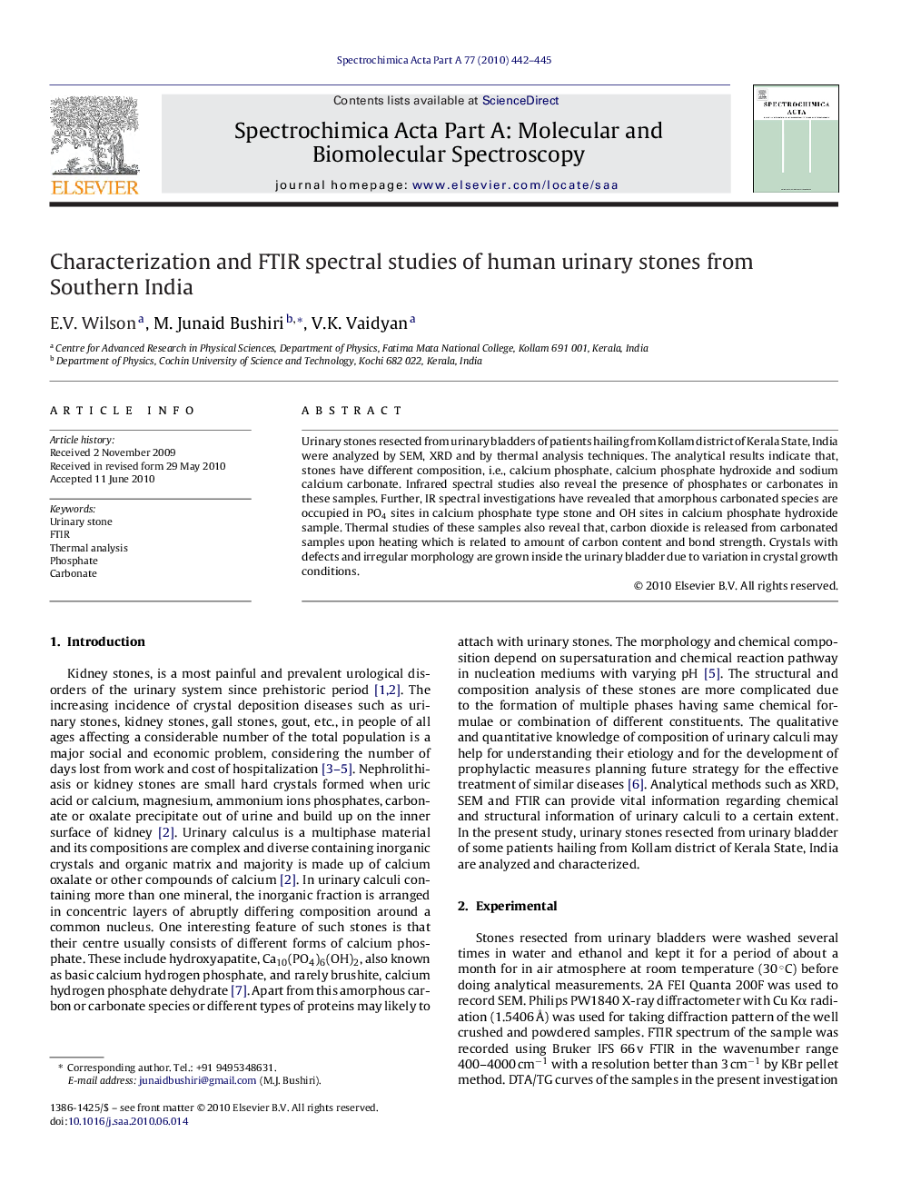 Characterization and FTIR spectral studies of human urinary stones from Southern India