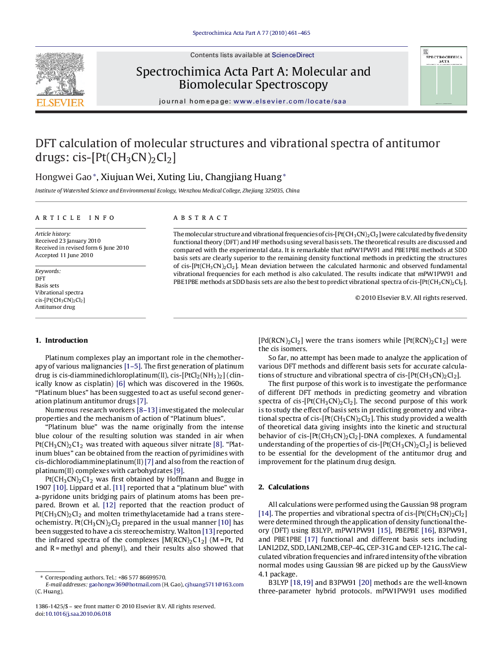 DFT calculation of molecular structures and vibrational spectra of antitumor drugs: cis-[Pt(CH3CN)2Cl2]