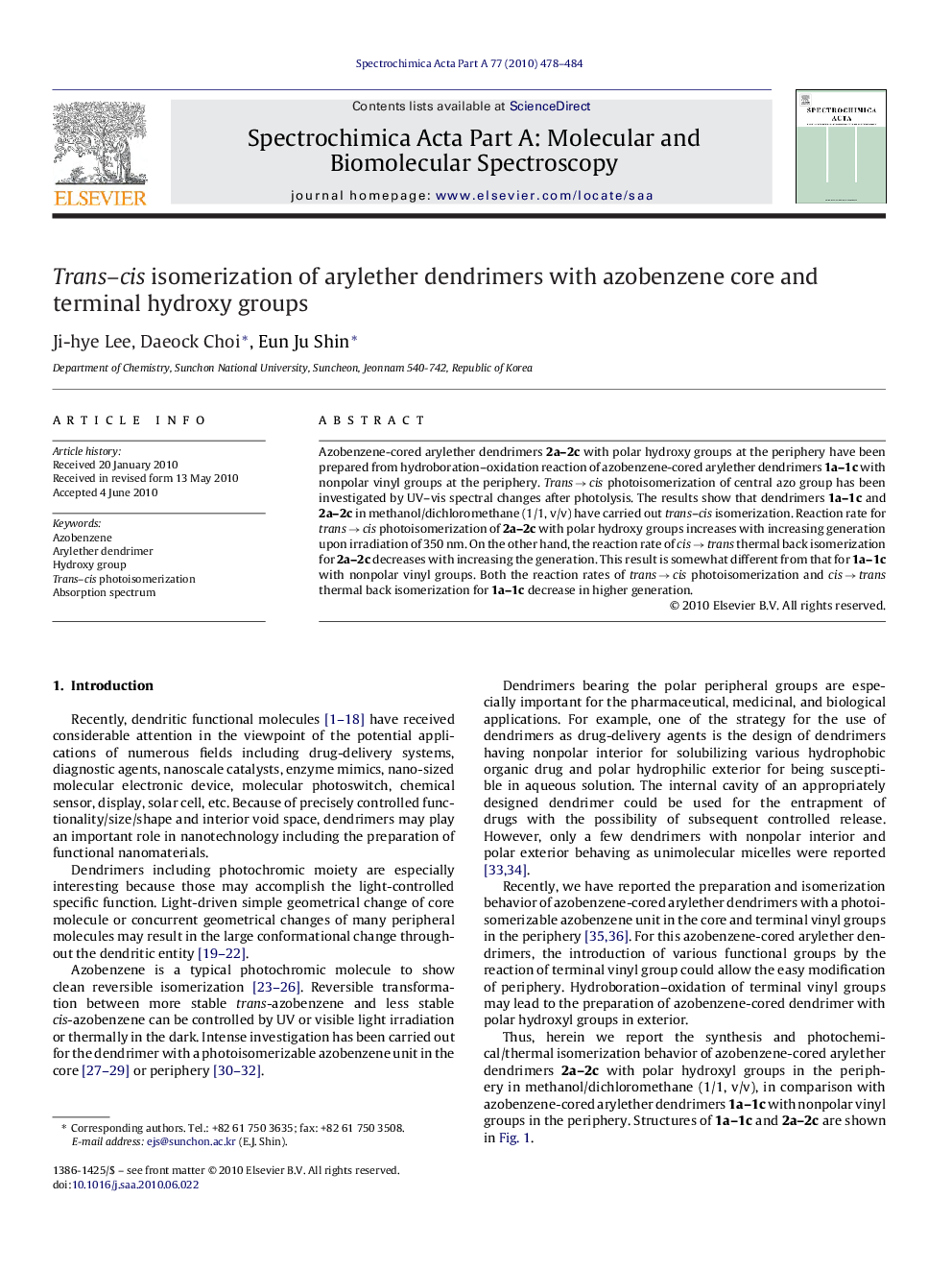 Trans–cis isomerization of arylether dendrimers with azobenzene core and terminal hydroxy groups