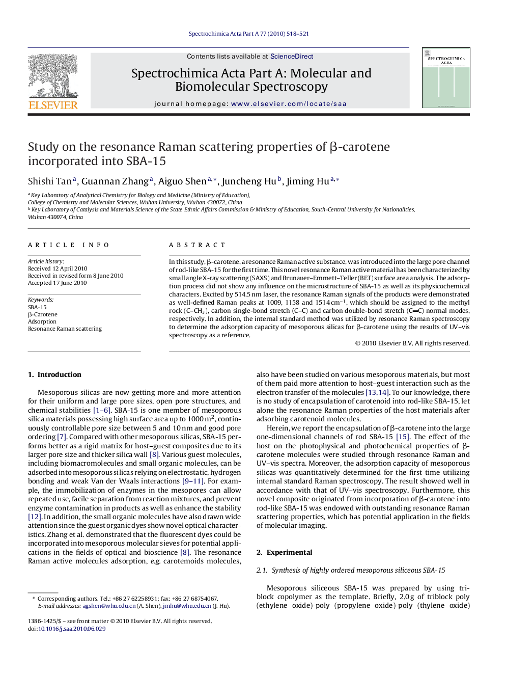 Study on the resonance Raman scattering properties of β-carotene incorporated into SBA-15