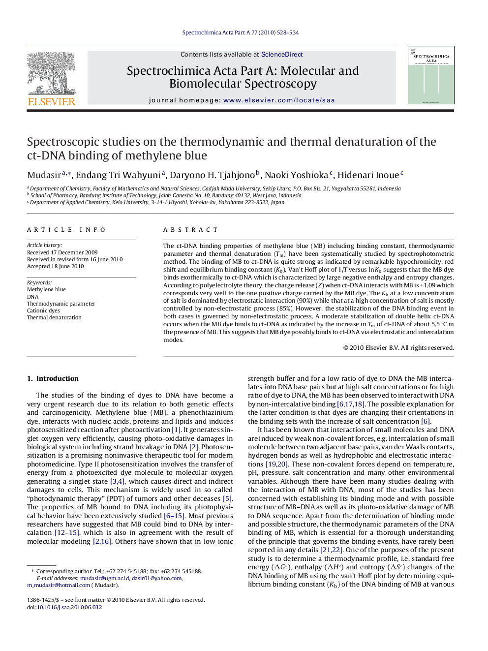 Spectroscopic studies on the thermodynamic and thermal denaturation of the ct-DNA binding of methylene blue