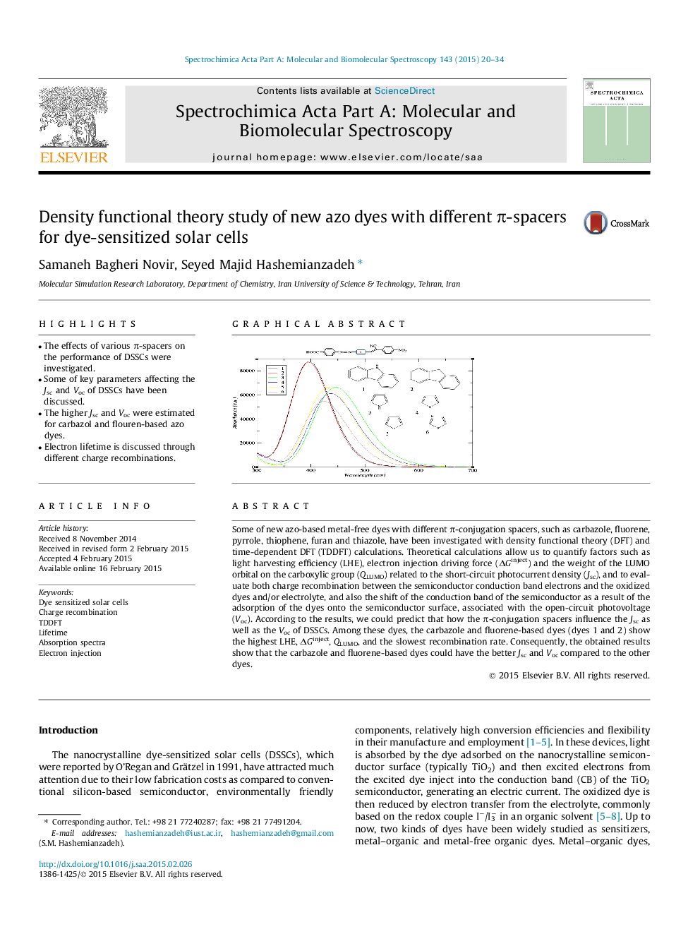 Density functional theory study of new azo dyes with different π-spacers for dye-sensitized solar cells