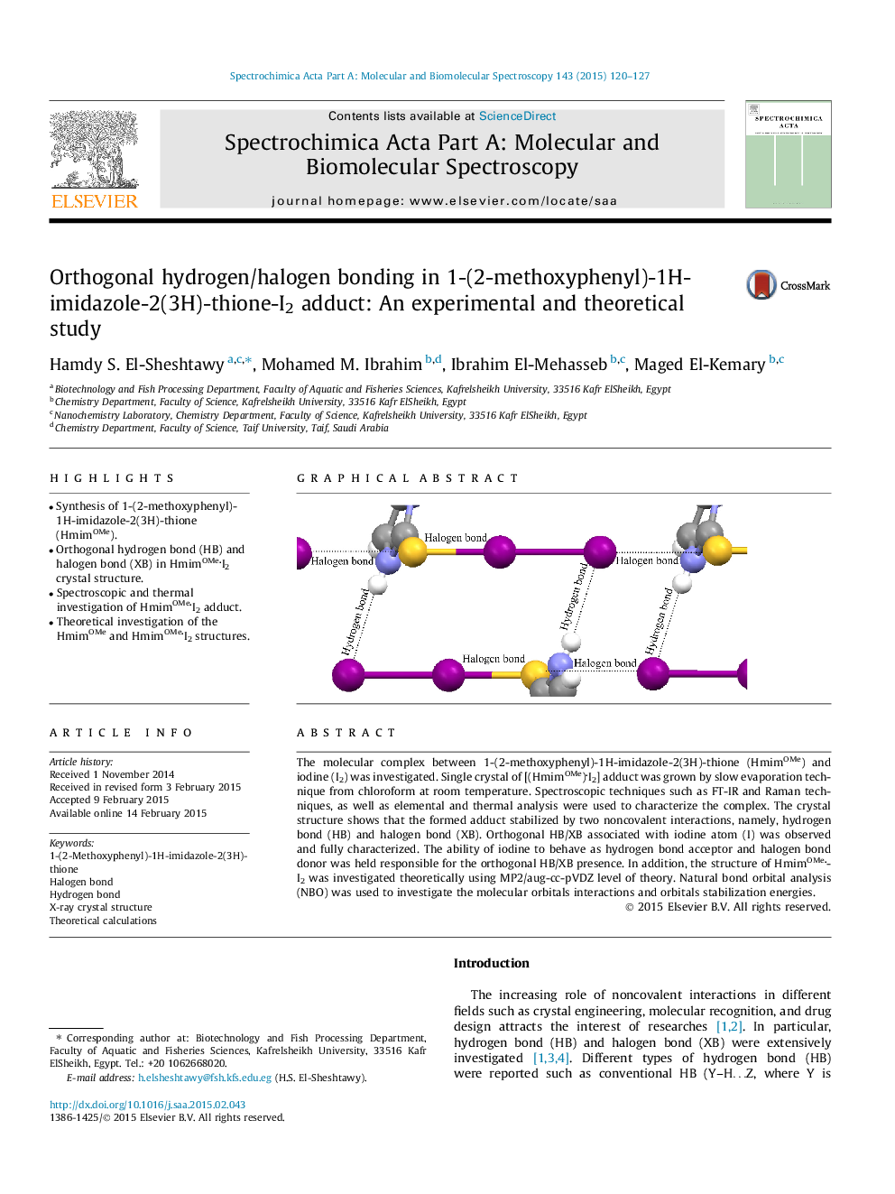 Orthogonal hydrogen/halogen bonding in 1-(2-methoxyphenyl)-1H-imidazole-2(3H)-thione-I2 adduct: An experimental and theoretical study