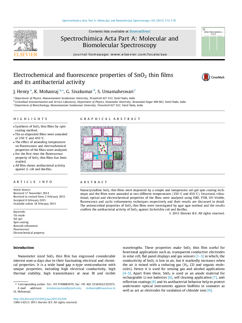 Electrochemical and fluorescence properties of SnO2 thin films and its antibacterial activity