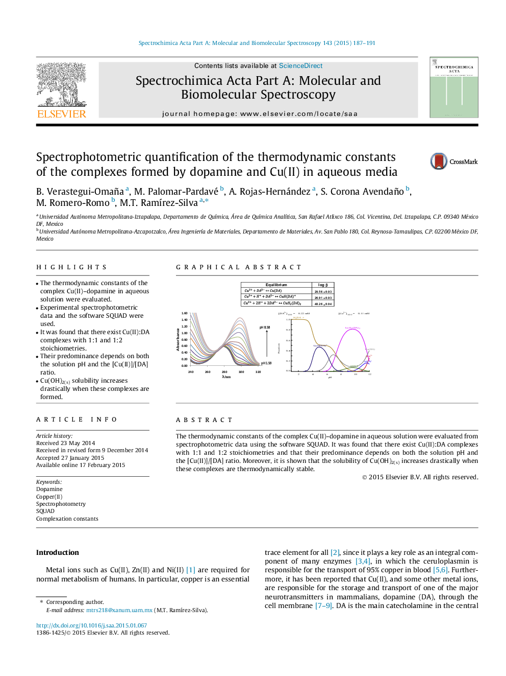 Spectrophotometric quantification of the thermodynamic constants of the complexes formed by dopamine and Cu(II) in aqueous media