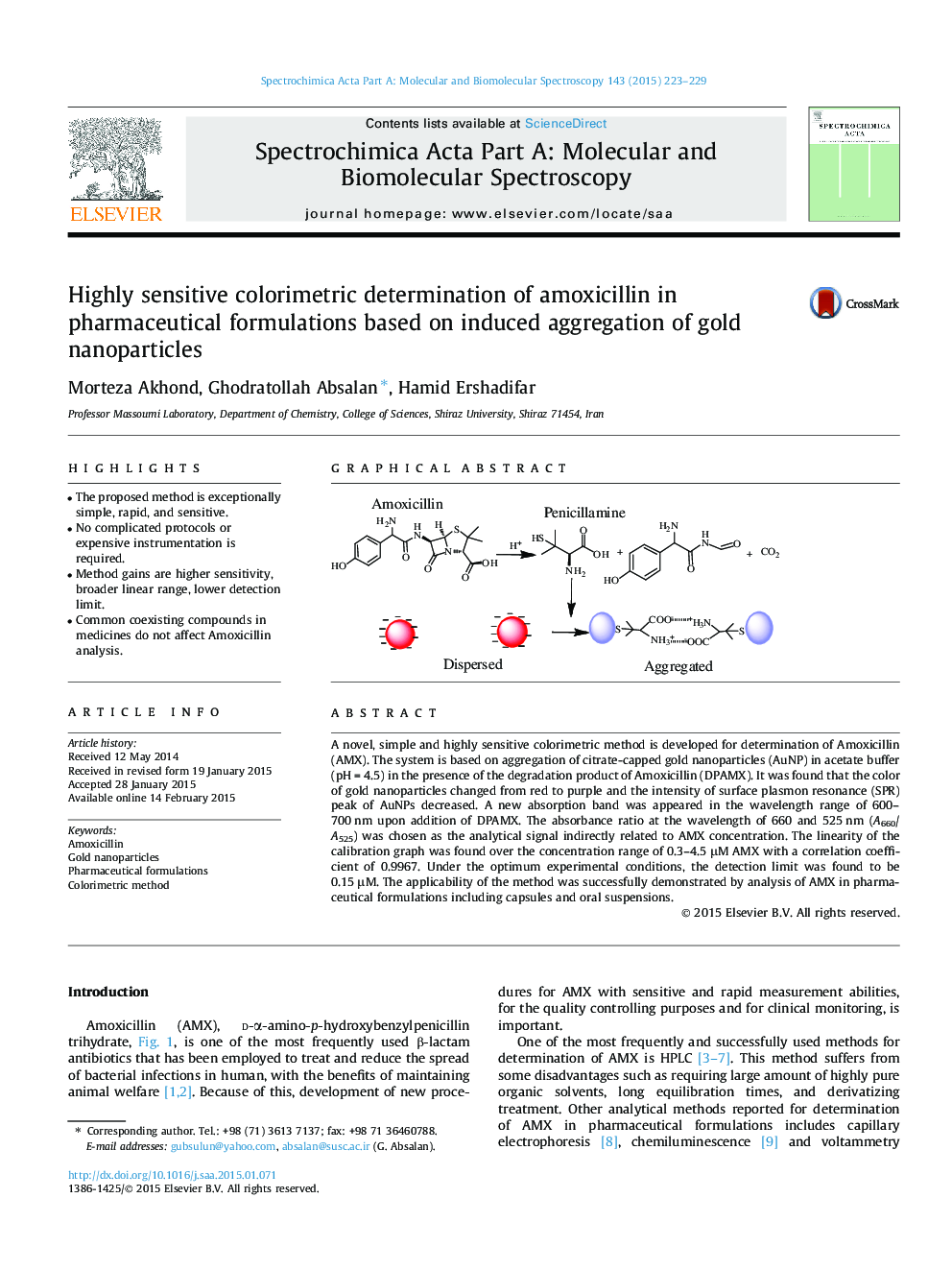 Highly sensitive colorimetric determination of amoxicillin in pharmaceutical formulations based on induced aggregation of gold nanoparticles