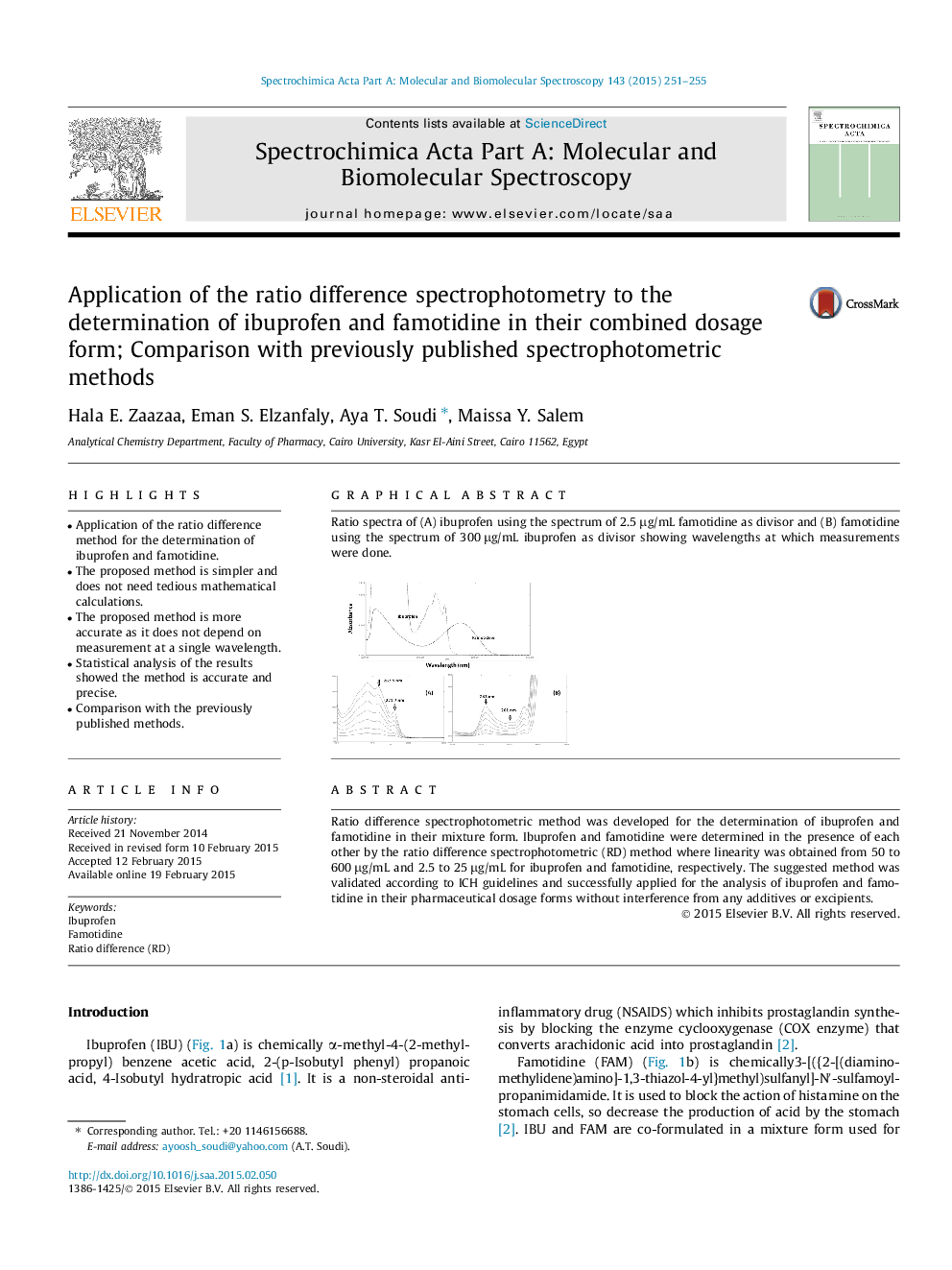 استفاده از اسپکتروفتومتر اختلاف نسبت به تعیین ایبوپروفن و فاموتییدین در فرم دوز ترکیبی آنها؛ مقایسه با روش های اسپکتروفتومتری که قبلا منتشر شده است 