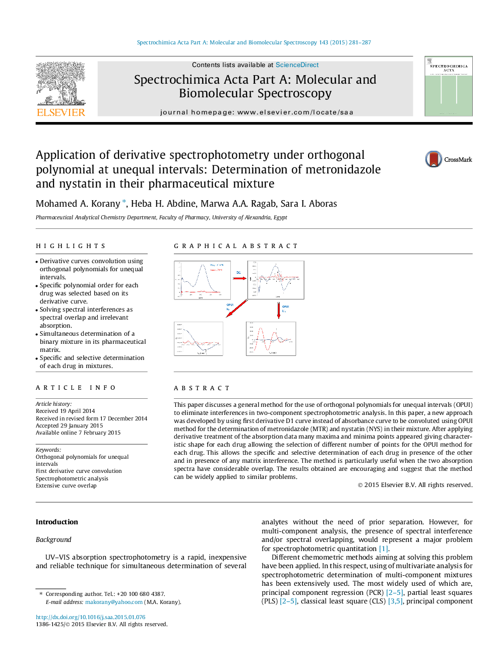 Application of derivative spectrophotometry under orthogonal polynomial at unequal intervals: Determination of metronidazole and nystatin in their pharmaceutical mixture