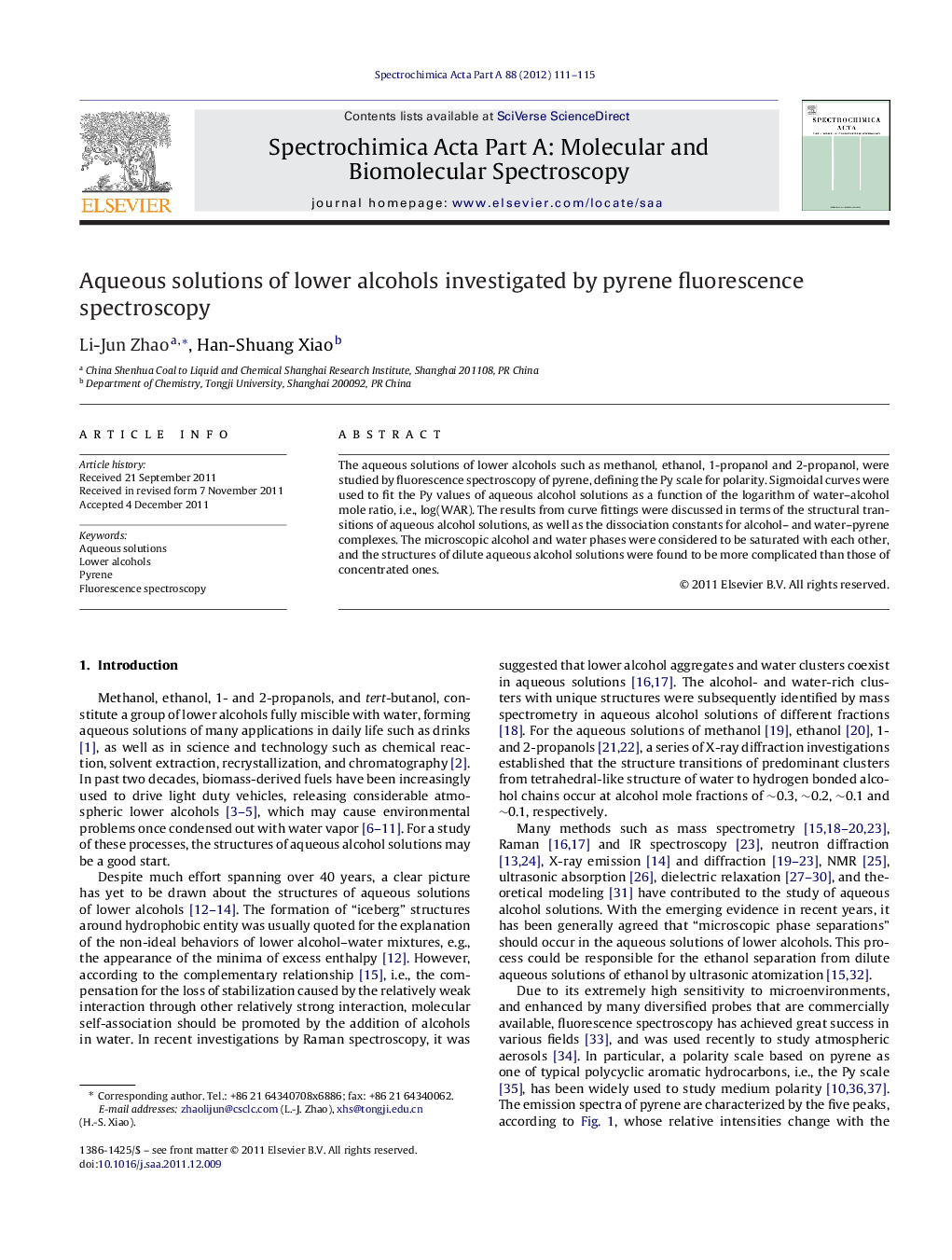 Aqueous solutions of lower alcohols investigated by pyrene fluorescence spectroscopy