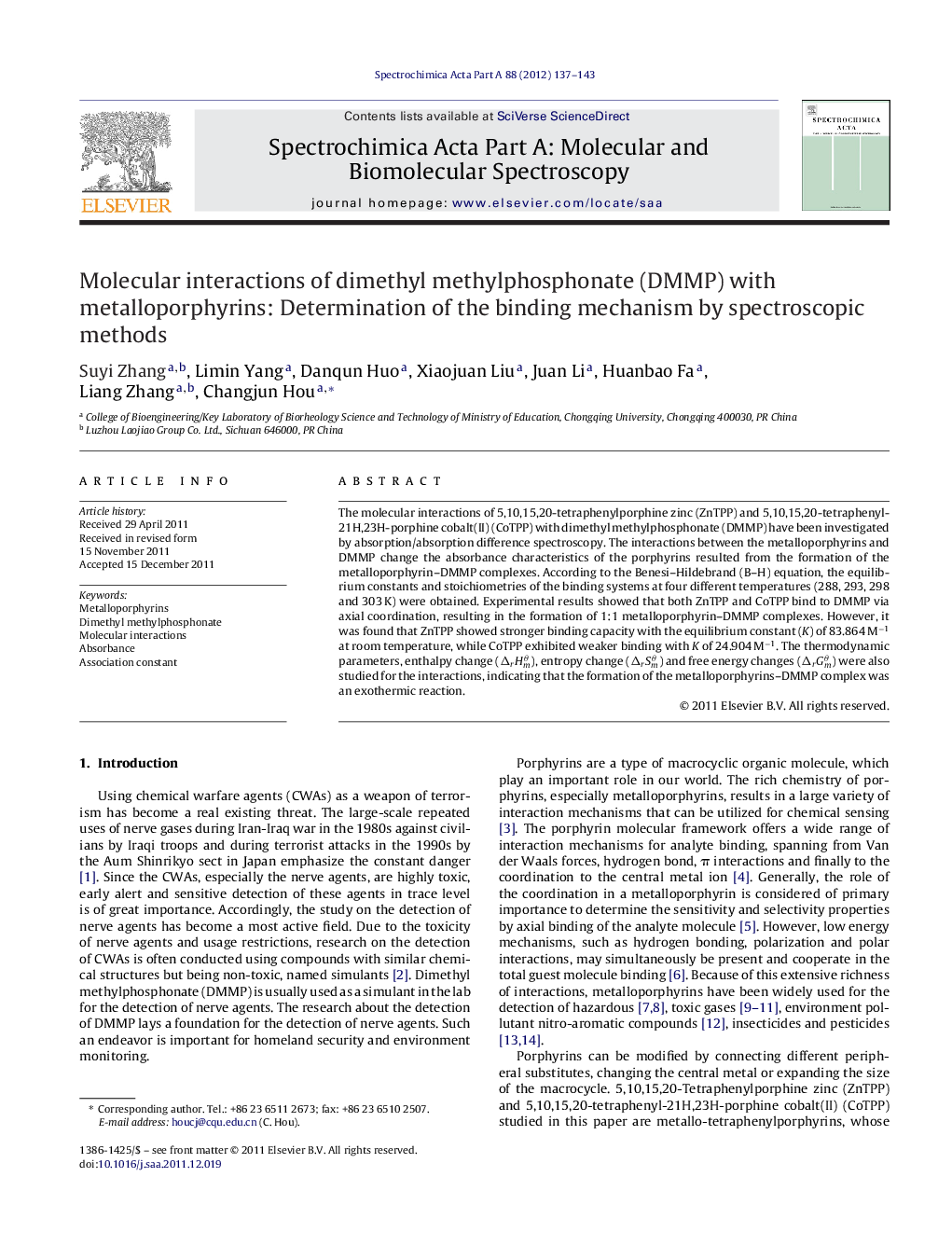 Molecular interactions of dimethyl methylphosphonate (DMMP) with metalloporphyrins: Determination of the binding mechanism by spectroscopic methods