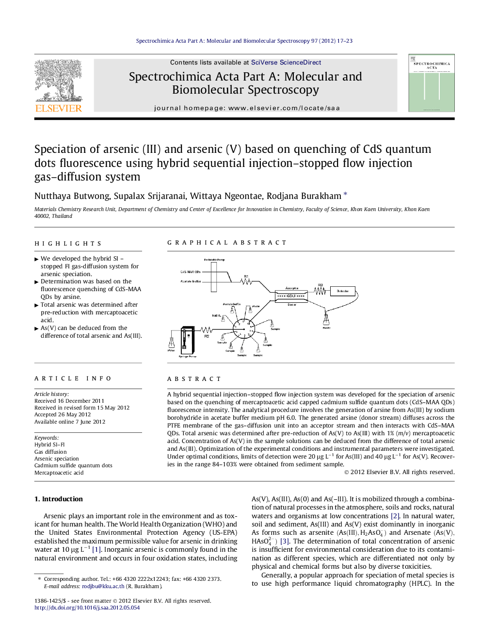 Speciation of arsenic (III) and arsenic (V) based on quenching of CdS quantum dots fluorescence using hybrid sequential injection–stopped flow injection gas–diffusion system